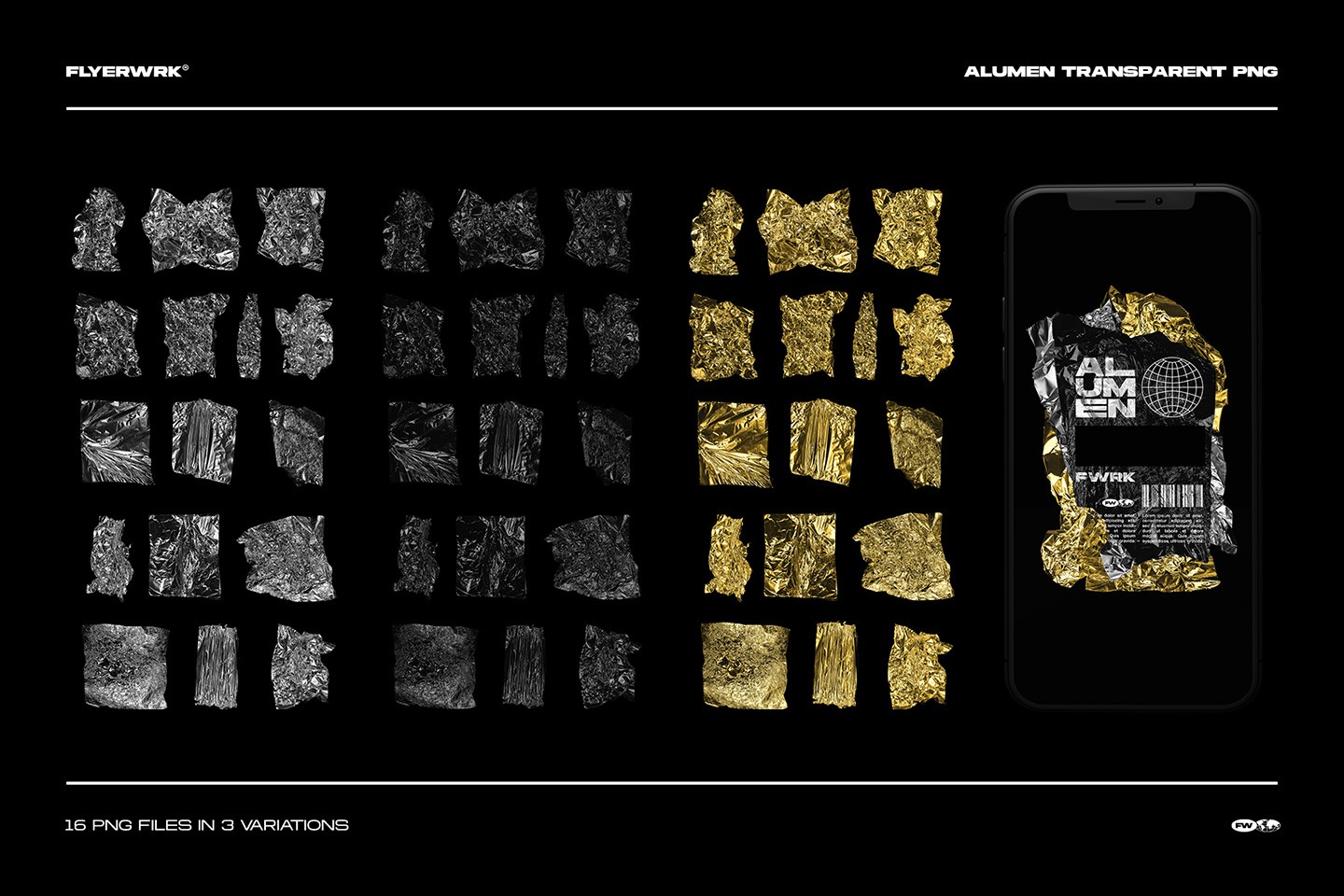 Alumen metal foil textures grid overview showing sixteen PNG files in chrome black and gold styles