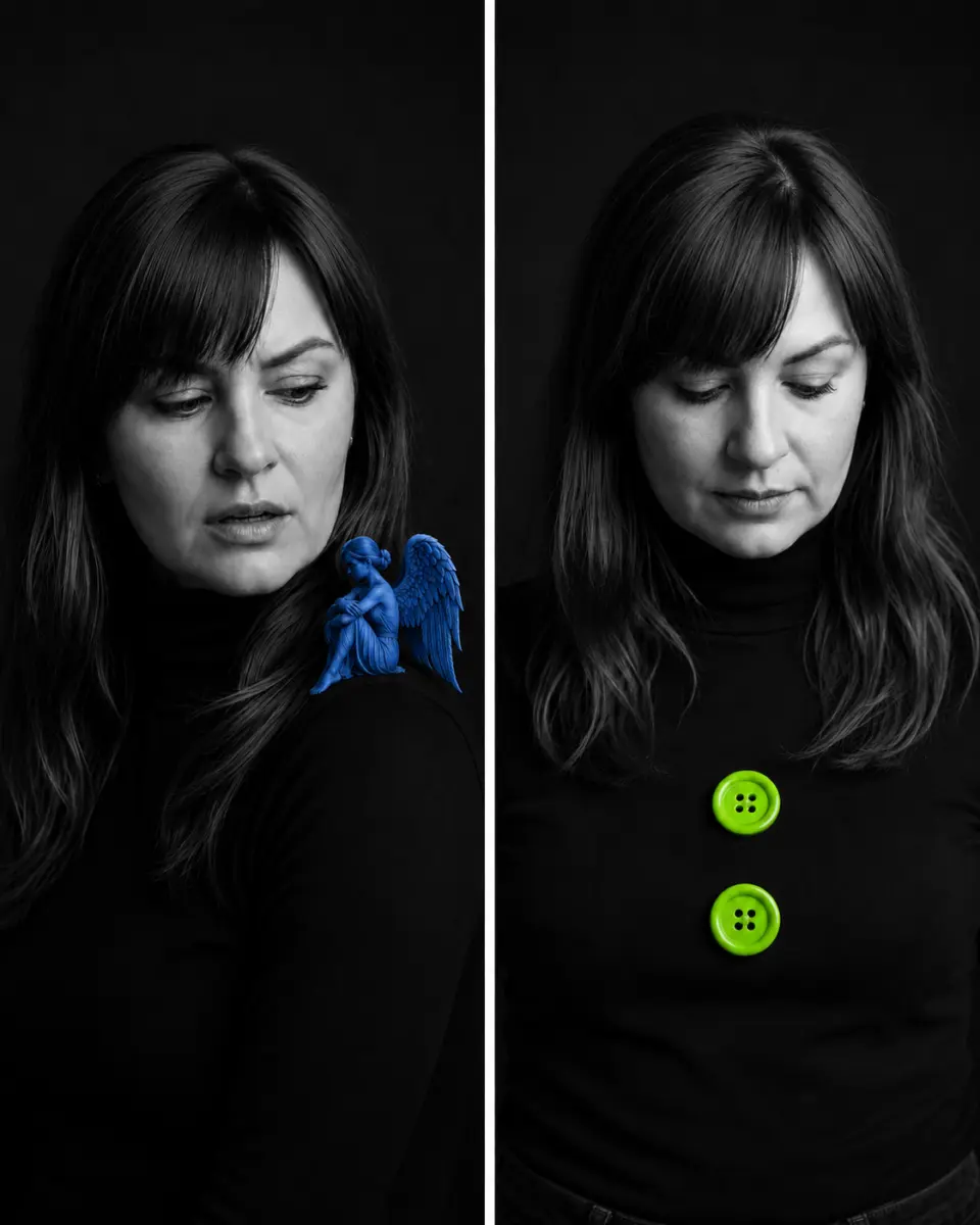 Split portrait of a woman with a blue angel and green buttons, symbolising recognised labels and the question of when environmental information needs more context.