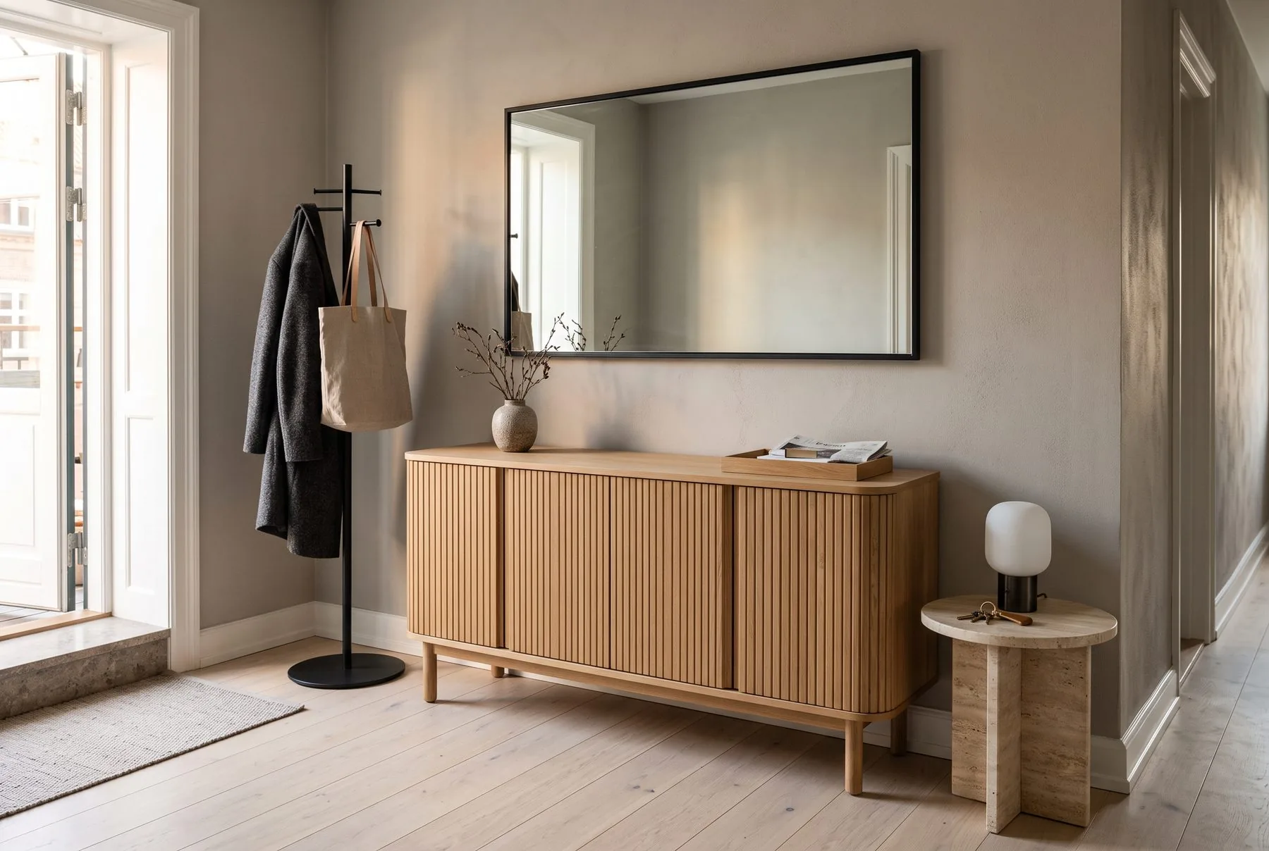 A hall with a sideboard for plates, a coat stand and a stone table.