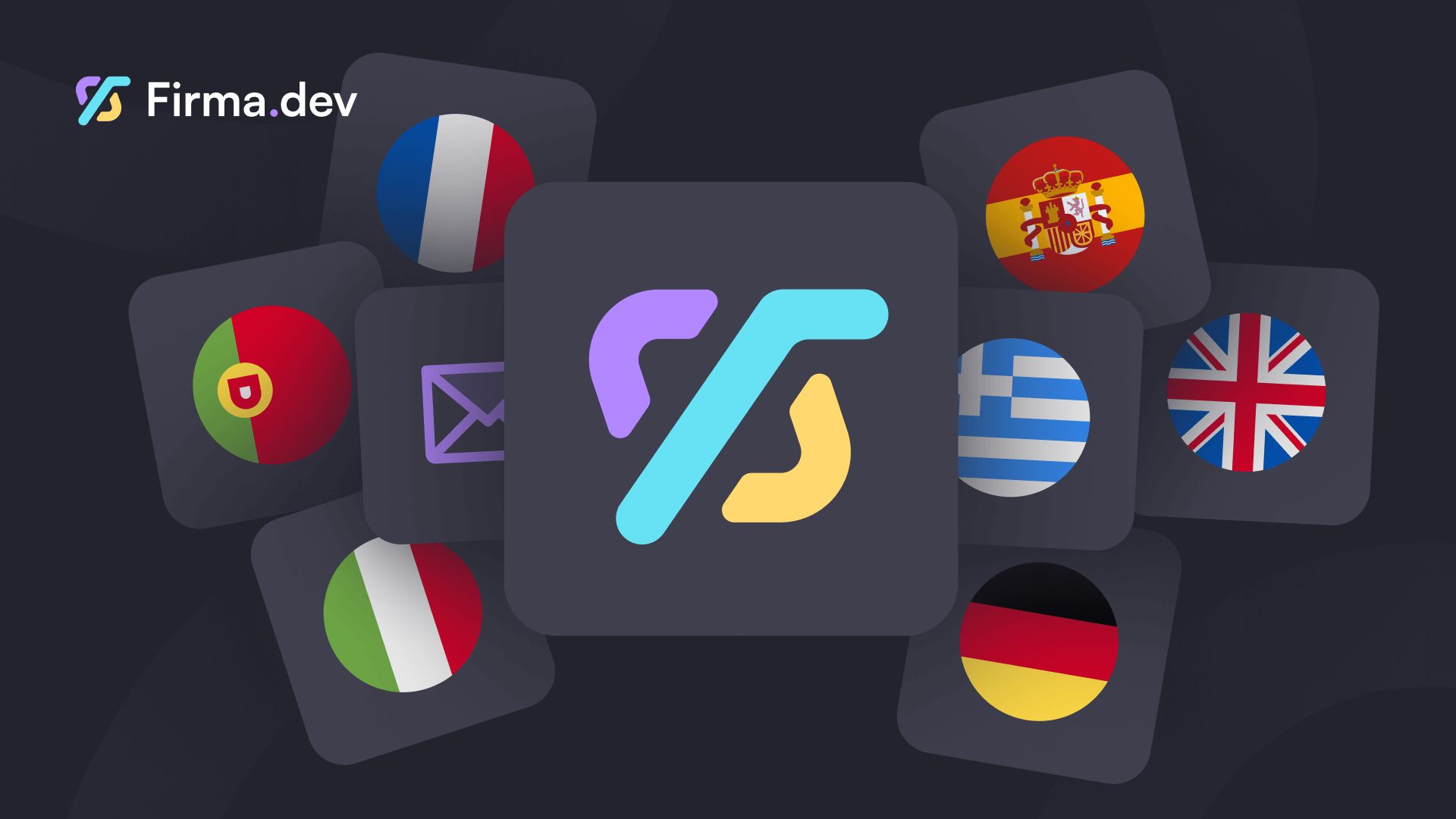 Logo for Firma.dev centered with icons of various national flags, including France, UK, and Germany, suggesting international reach and communication.