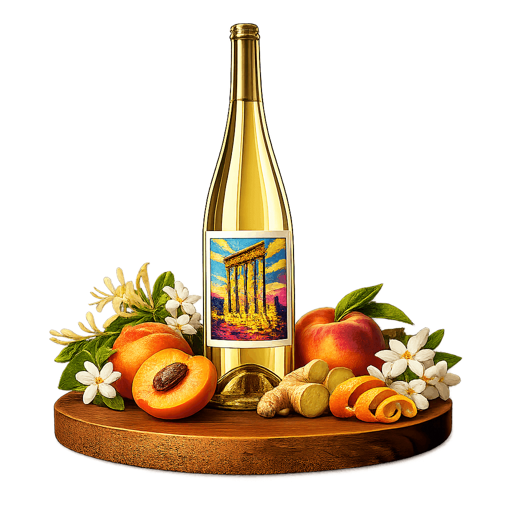 Artistic label and flavor profile for Lebanese Viognier on a rustic wooden table.