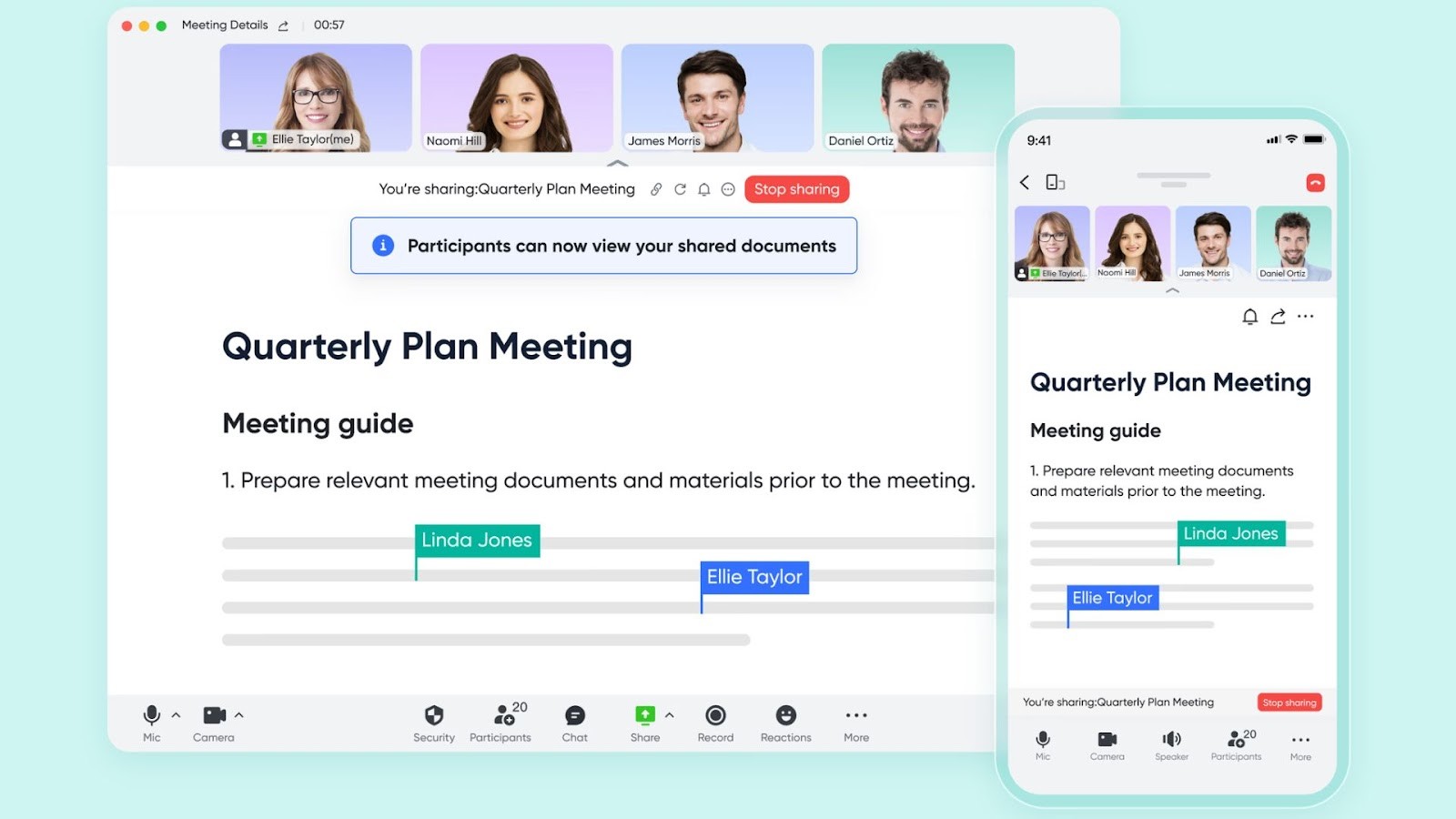 Lark Meetings' document collaboration and video participants' interface