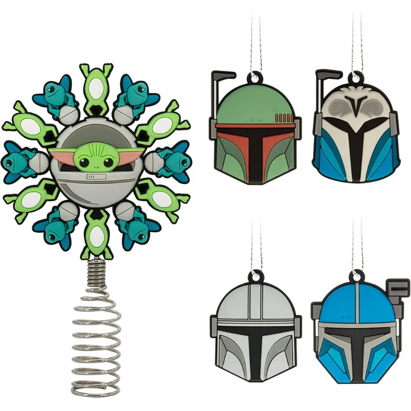 Grogu tree topper and Mandalorian helmet ornaments.