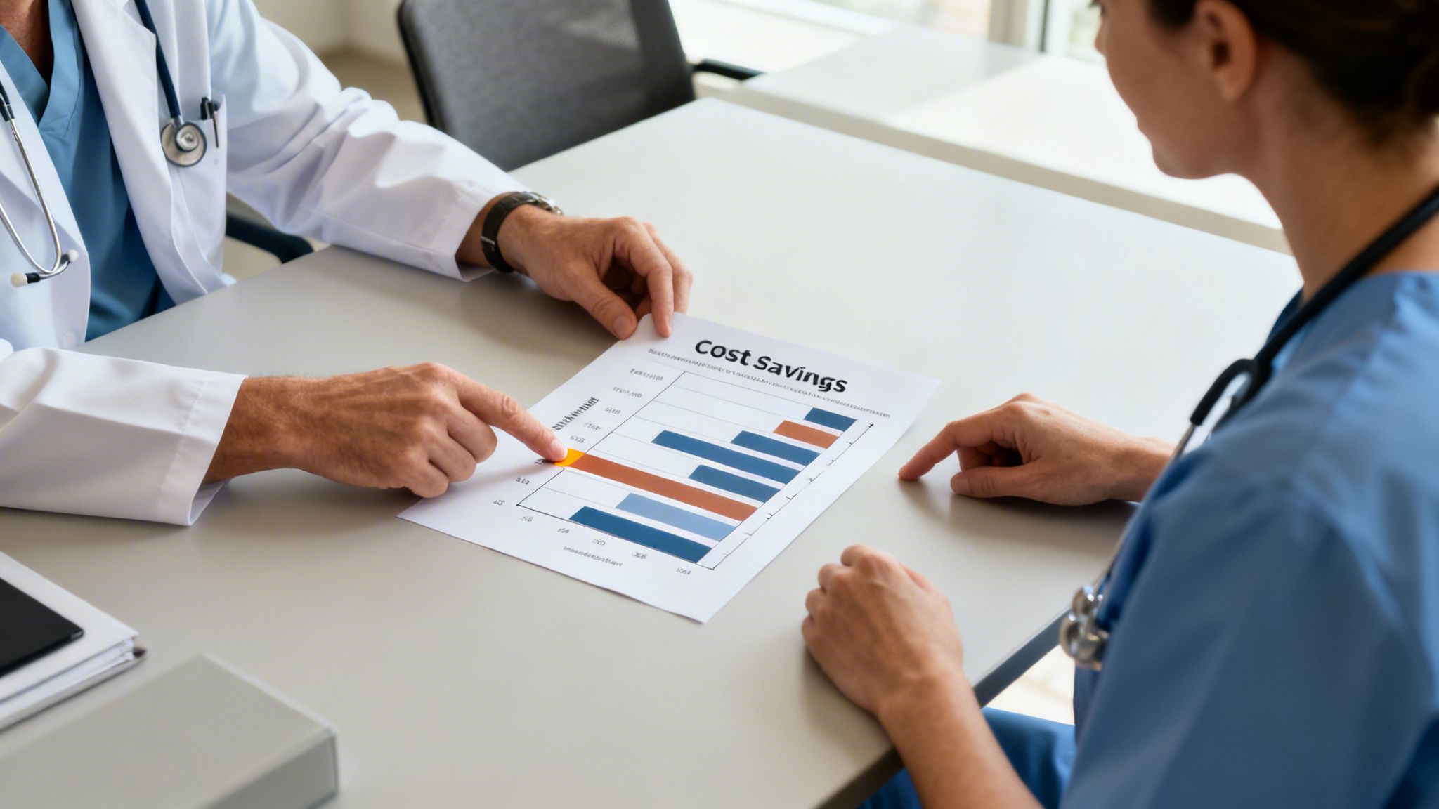 Medical professionals review a cost savings chart, with one person pointing at specific data.