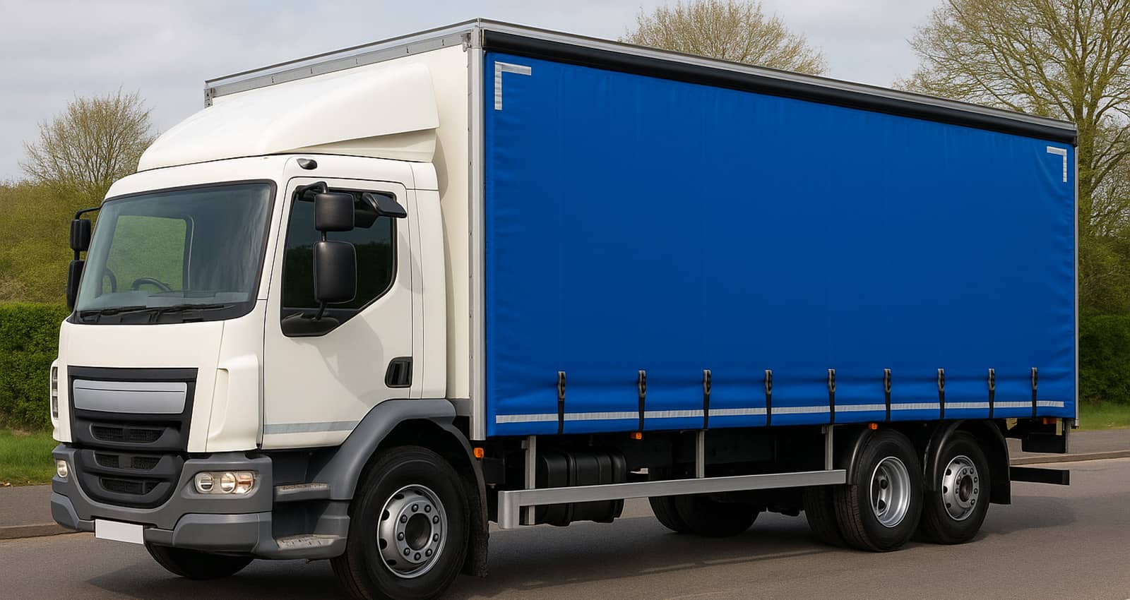 image of a 18 Tonne truck with blue curtainside trailer on a yard