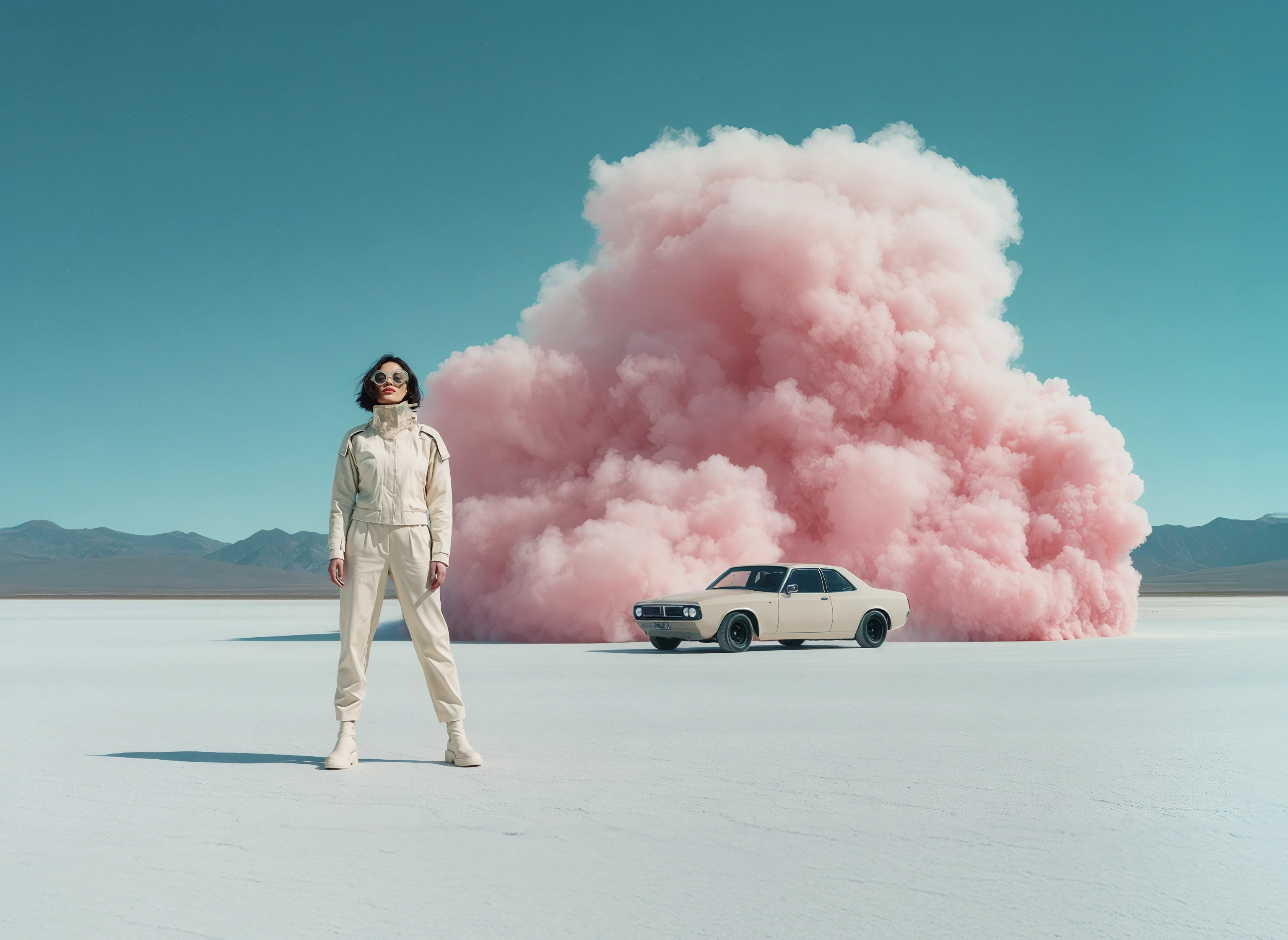 Woman standing beside a vintage car in a desert setting with pink smoke behind her