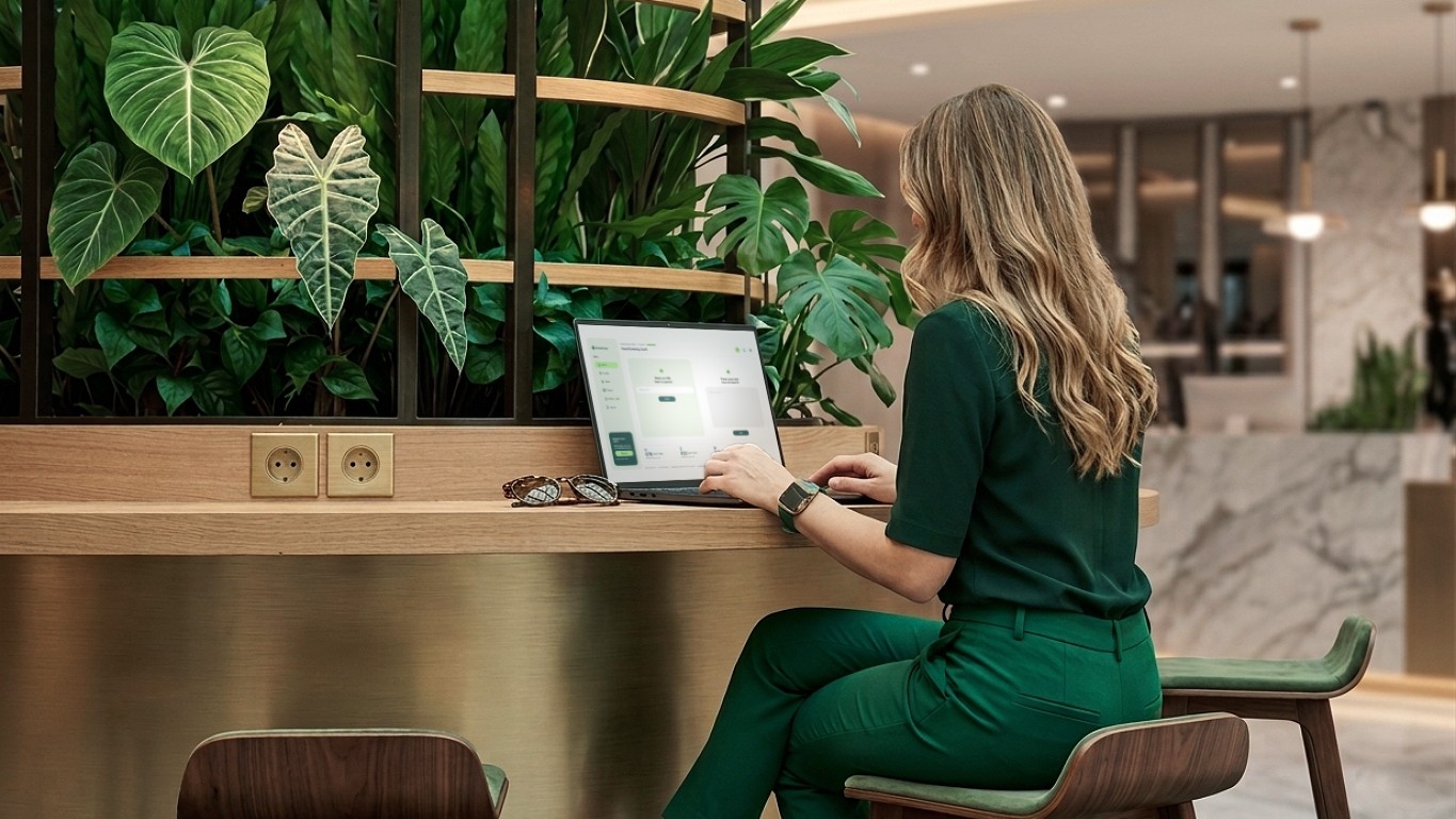 An elegant woman with long, wavy blonde hair is seen from behind, working on a laptop at a high wooden counter in a modern, luxurious coworking space, the laptop screen shows the KleaSnap dashboard. She is dressed in a professional emerald green outfit, seated on a stylish wooden stool. The workspace features a striking vertical garden column filled with lush green plants and a warm, high end interior.