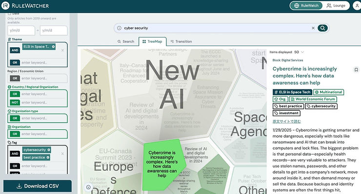 Figure 1: RuleWatcher search: 'cyber security', ELSI in Space Tech + cybersecurity + best practice tags. WEF article highlighted in the Digital Services block.