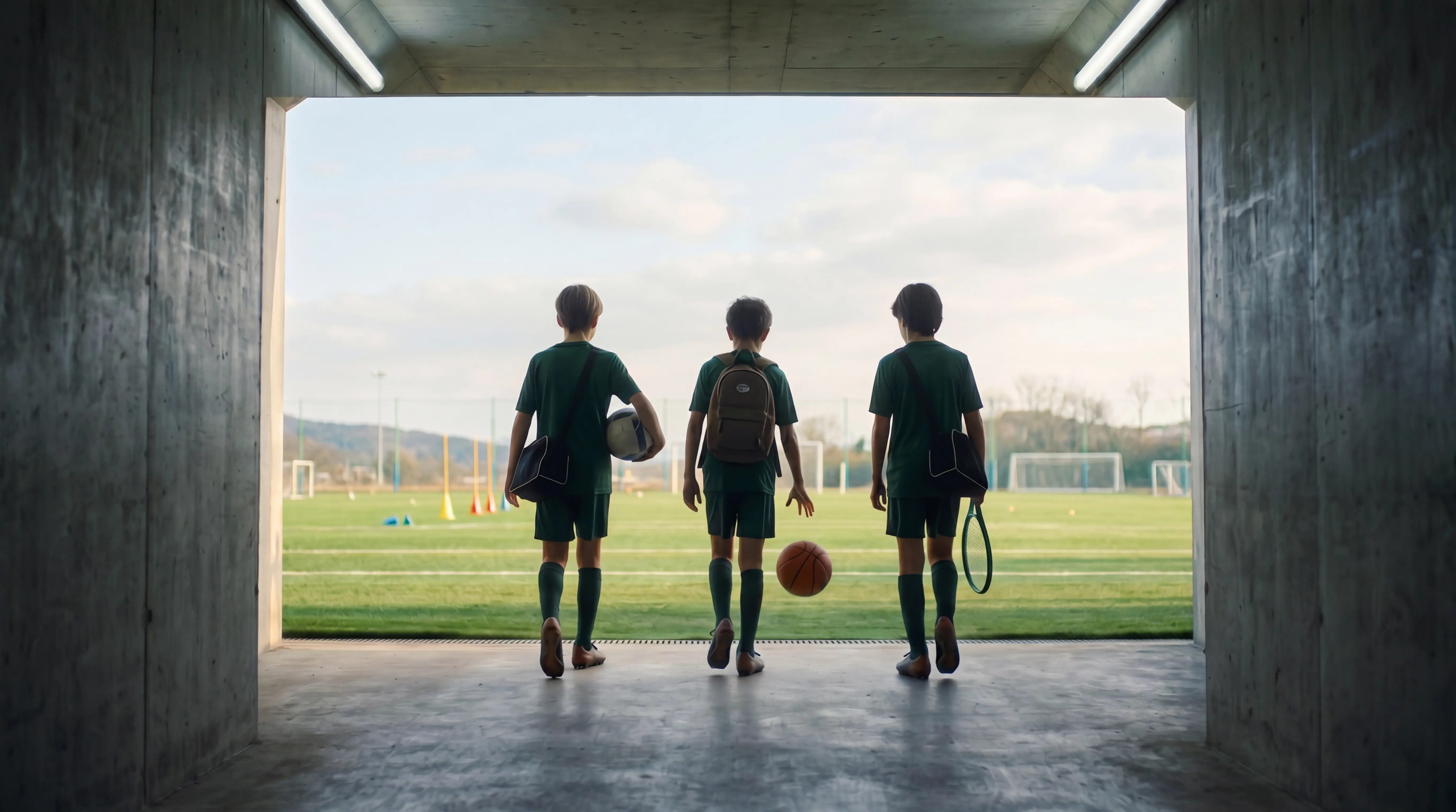 3 kids walking into football field
