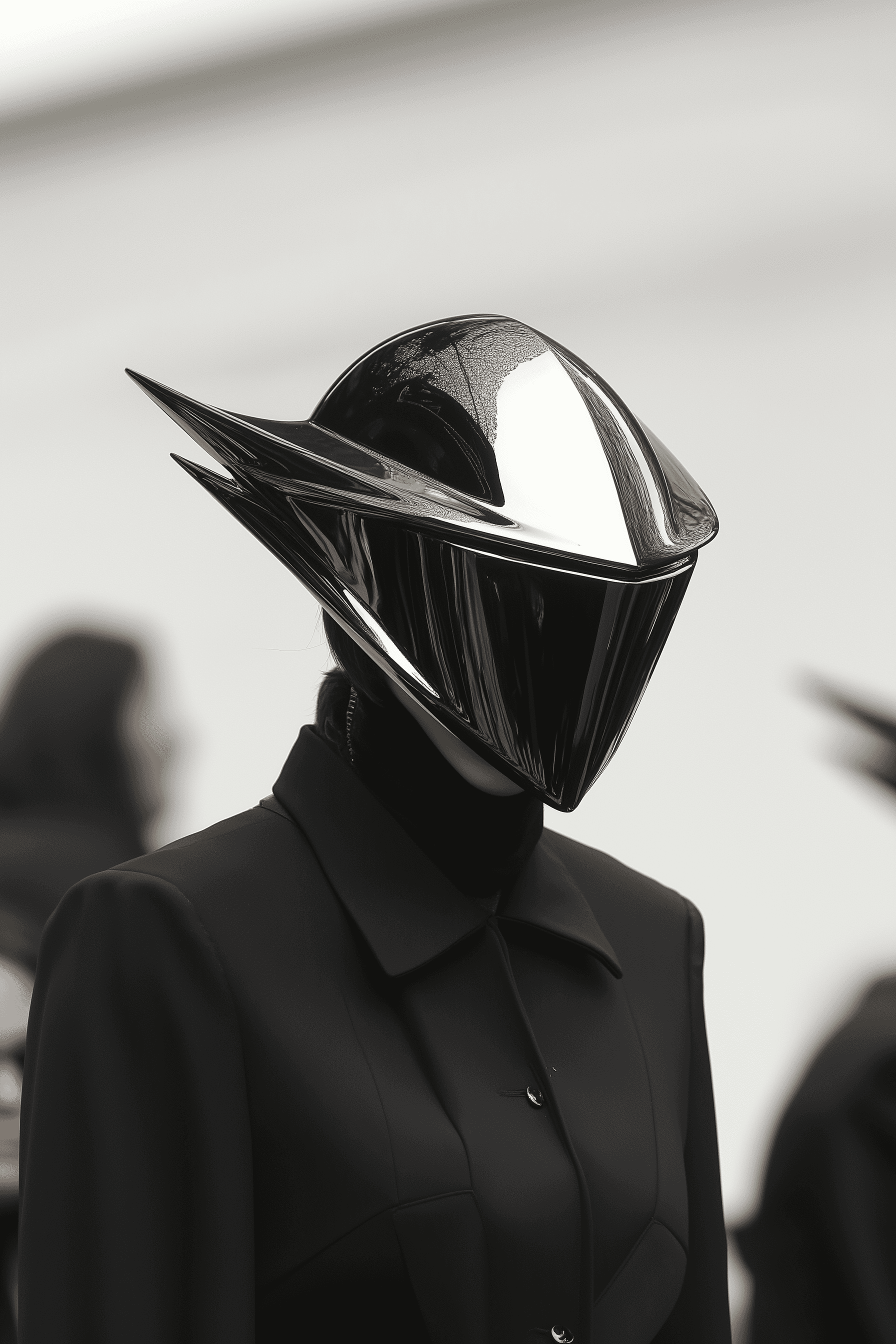 A model wears an avant-garde, metallic helmet-like hat that is sculpted and elegant, with its edges forming sharp angles. The background should be neutral to highlight the bold design of the cap, emphasizing its sleek lines and unique shape.