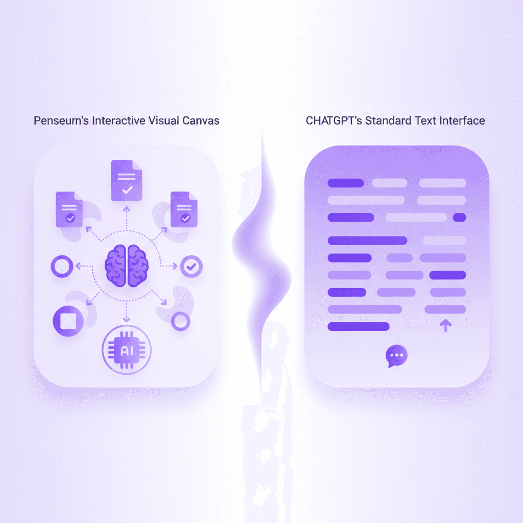 Visual comparison of Penseum's visual canvas against ChatGPT's text interface