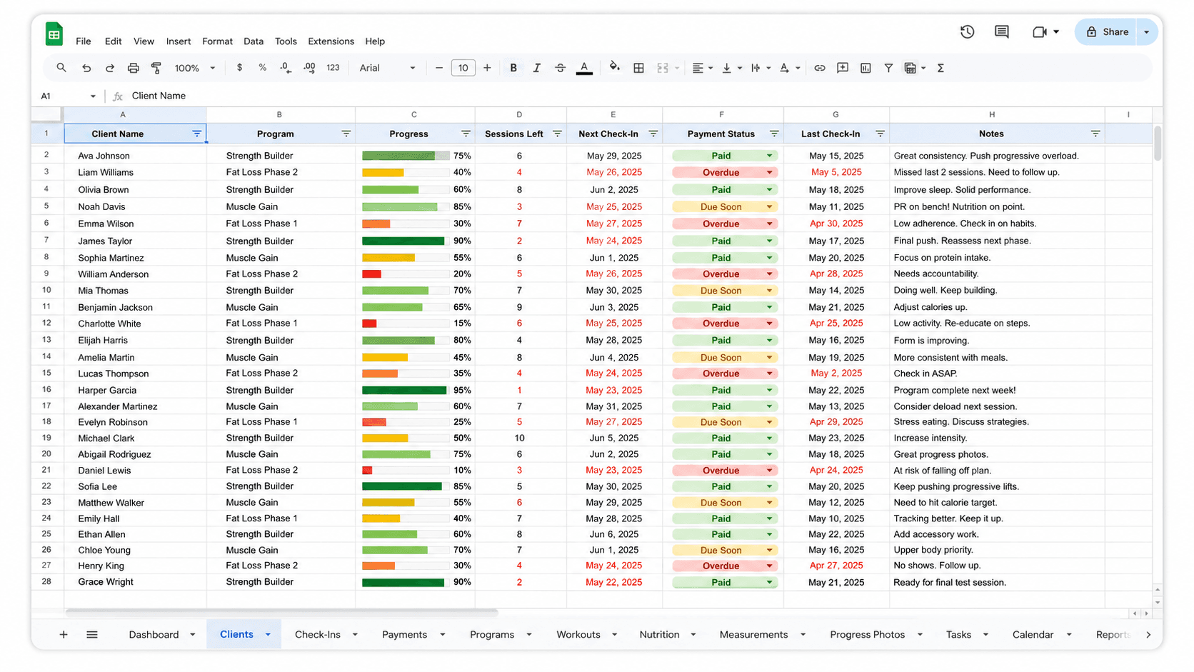 client coaching spreadsheet