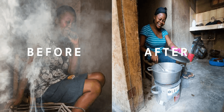 2 images of cookstoves in a small kitchen