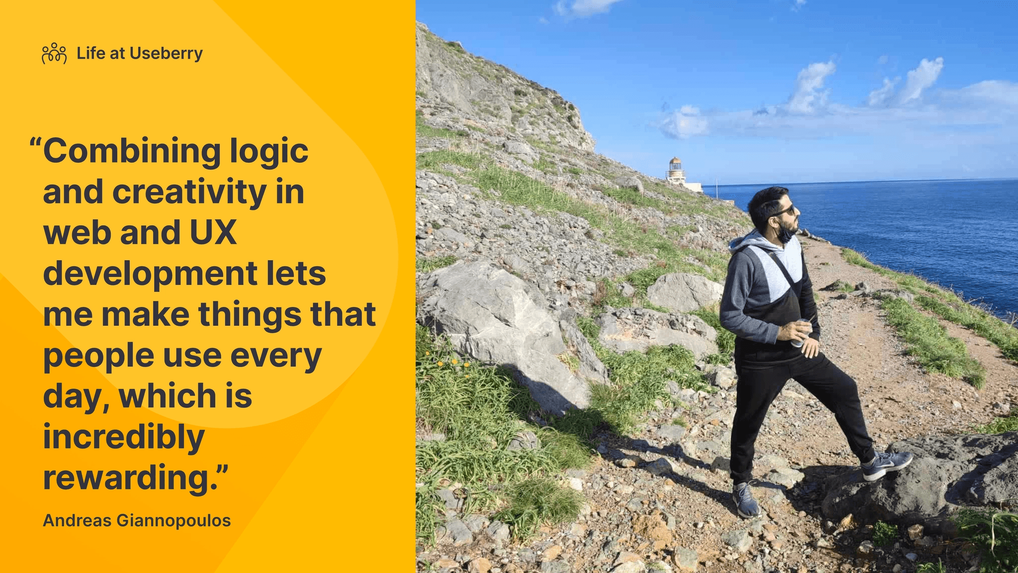 an image and a quote from or web developer Andreas Giannopoulos, before starting the question and answer portion of his interview about his life at Useberry.