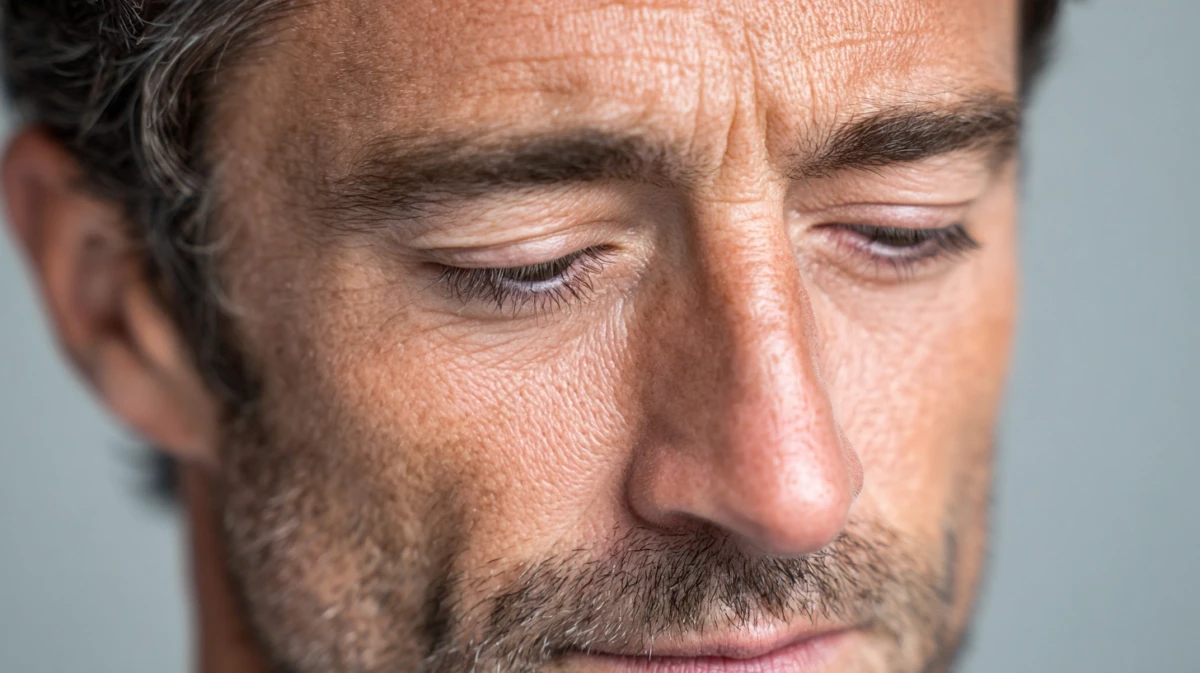 Close-up of man's face showing genuine emotion while maintaining composure