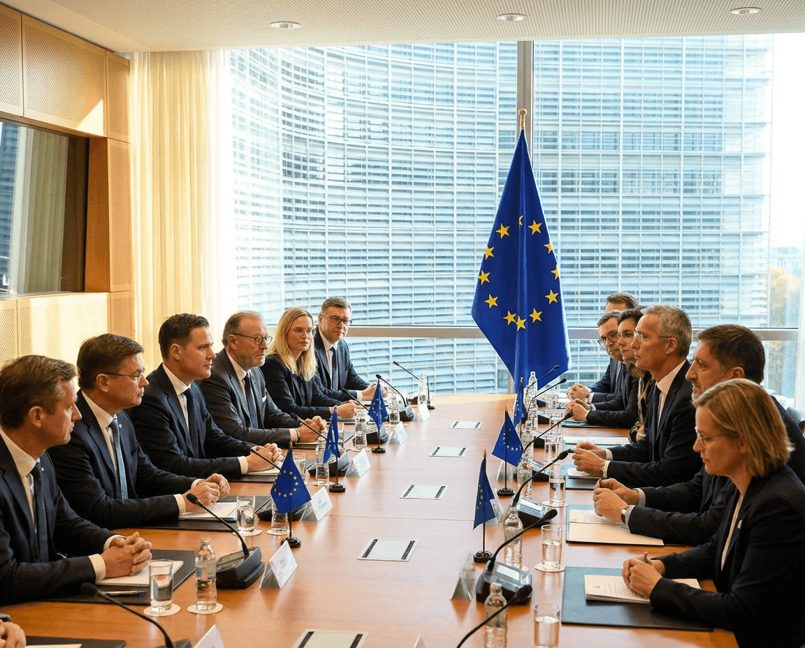 Symbolic representation of an EU economic meeting and institutional setting.