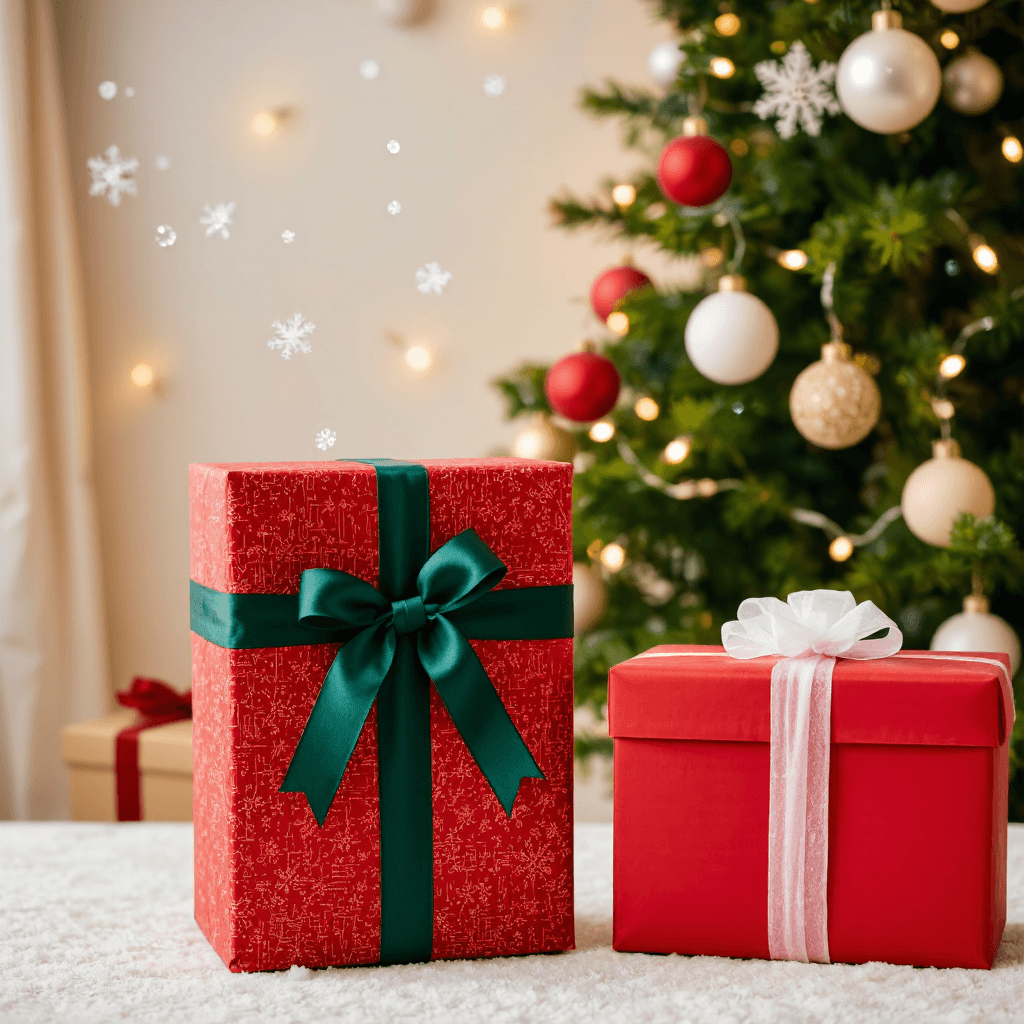product photography of two wrapped gift boxes with decorative ribbons