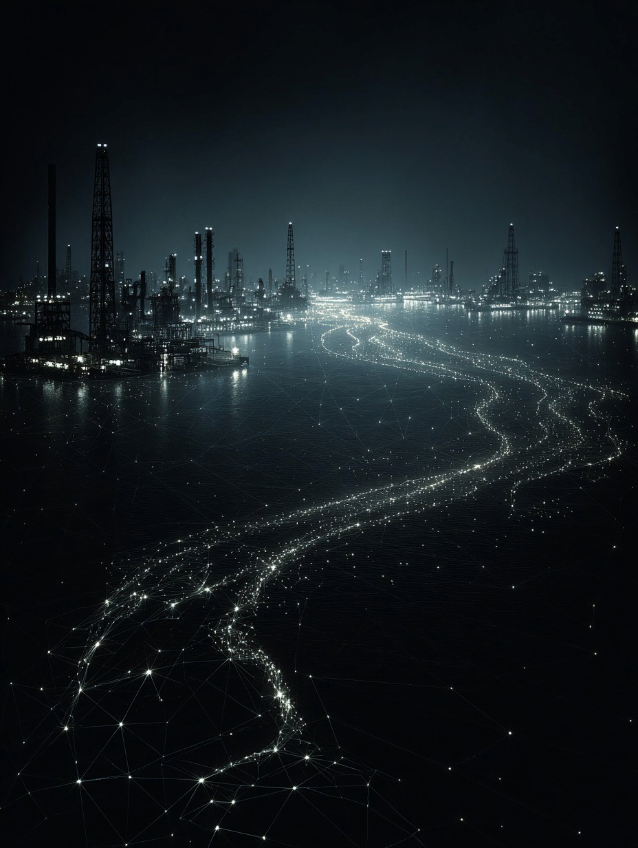 Nighttime industrial waterfront with refinery structures and towers in the distance, while a glowing network of connected light points traces flowing paths across the water, suggesting a smart logistics or supply chain corridor.