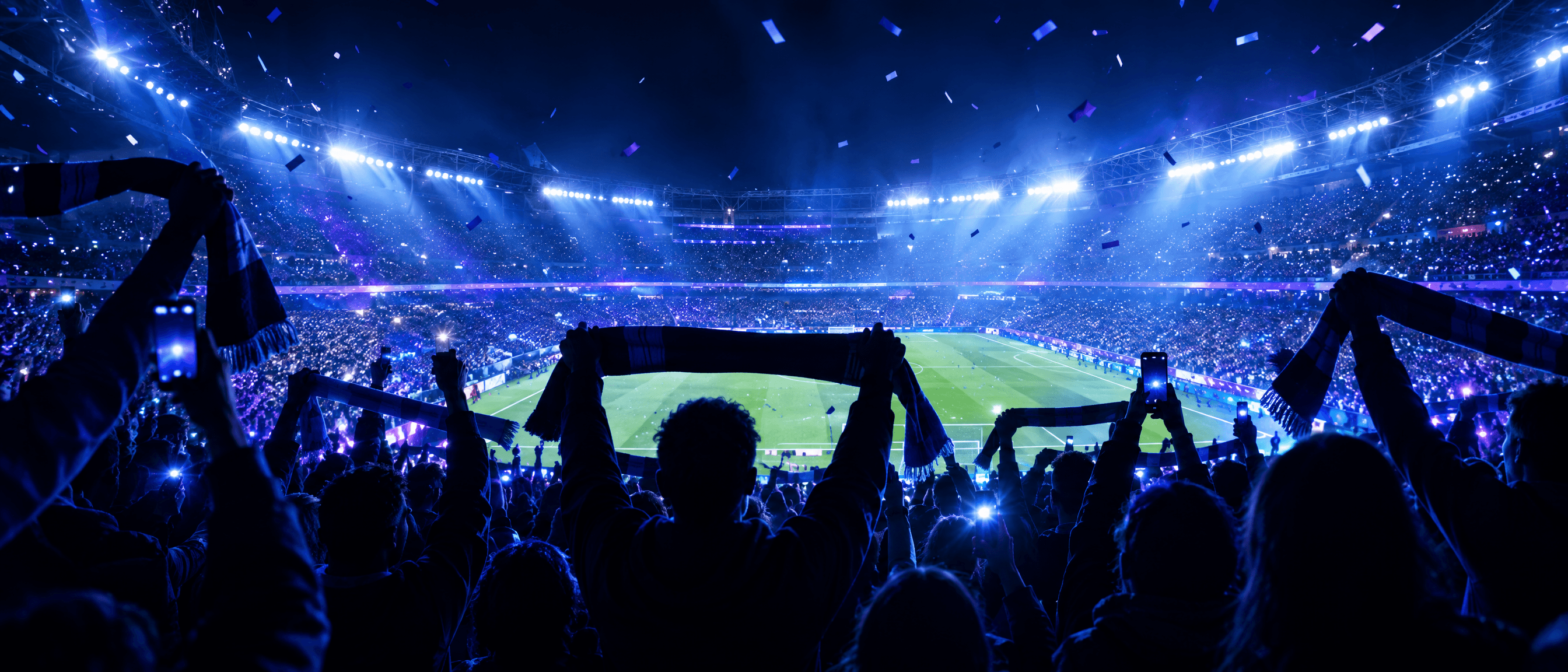 Tribune de supporters, écharpes levées sous les projecteurs d’un stade