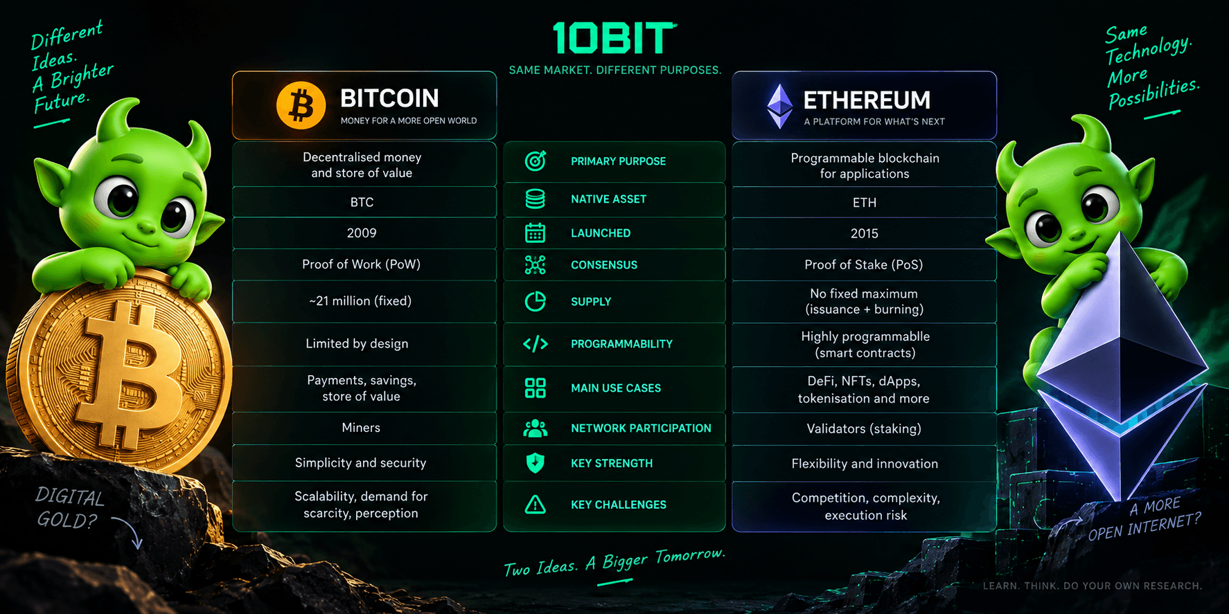 Bitcoin and Ethereum comparison showing differences in purpose, supply, consensus mechanism and programmability