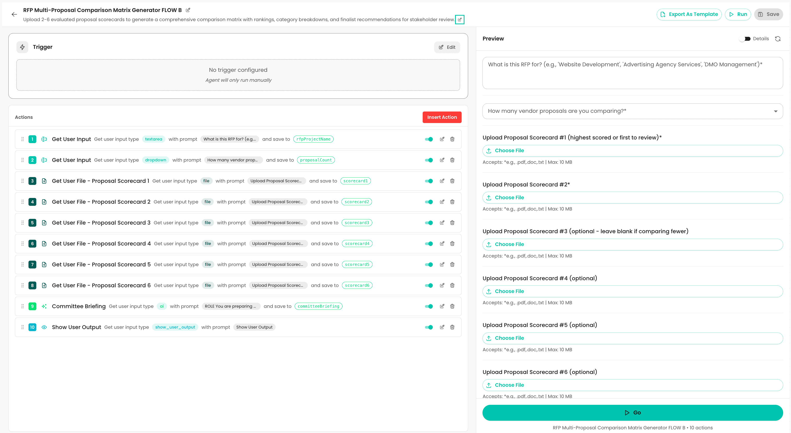 Flow B in Swix. 10 actions, one full committee brief. Run it once with uploaded scorecards from Flow A
