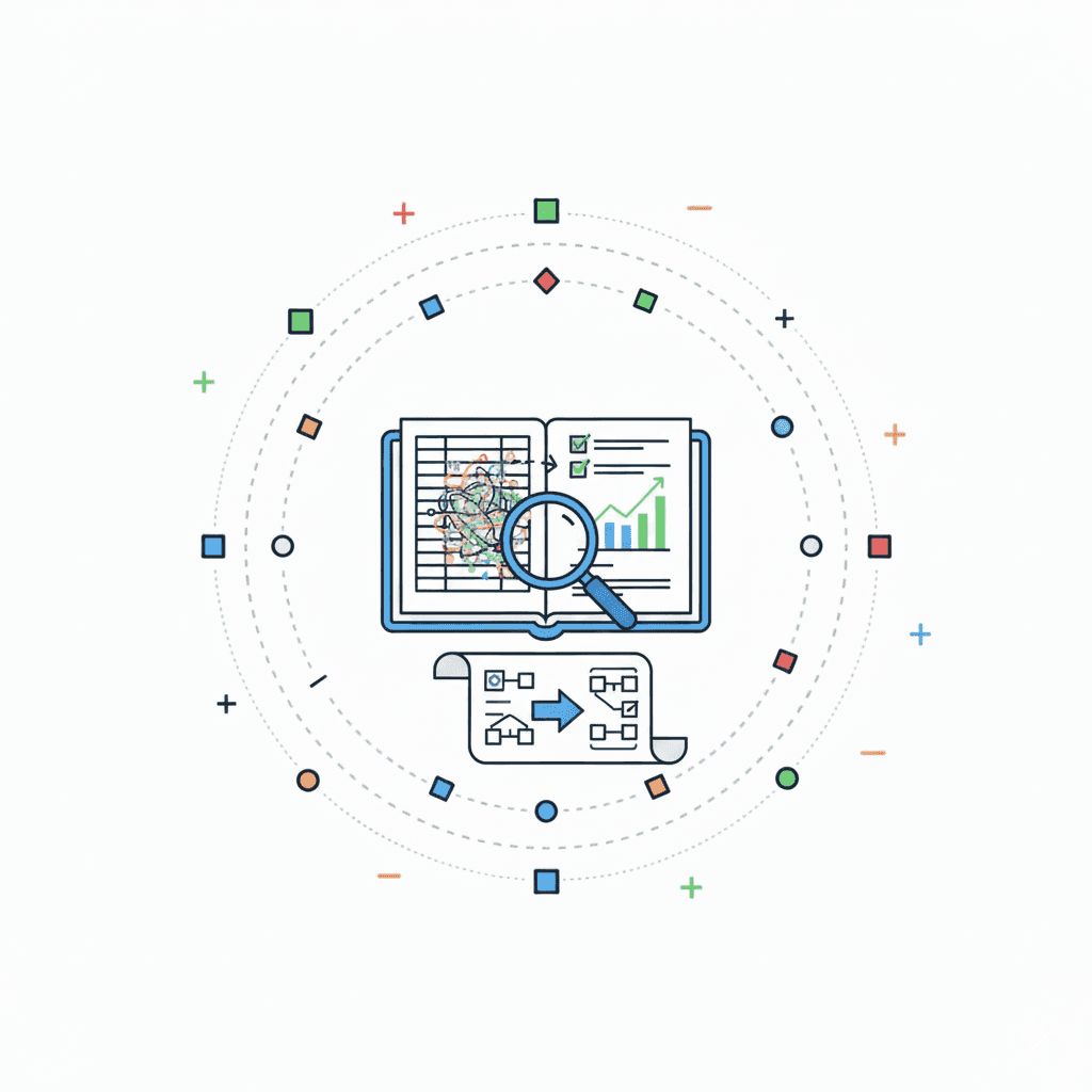 Account Audits icon showing an open ledger or book with a magnifying glass, checklist, bar chart, and a process flowchart below it.