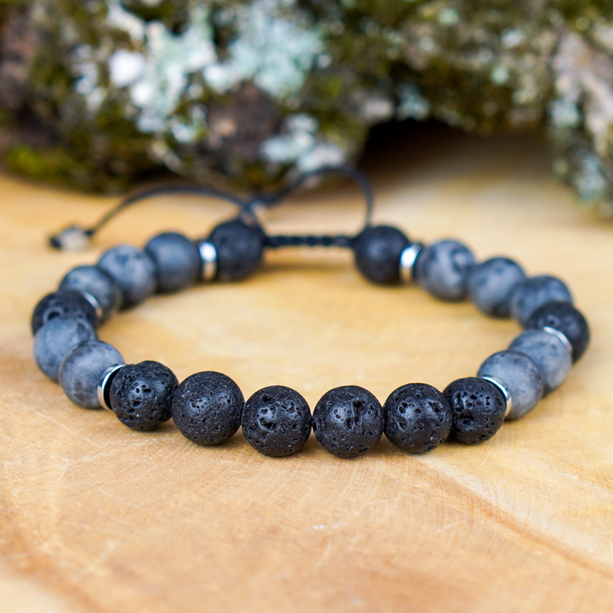 Bransoletka męska RAW z larvikitu i lawy wulkanicznej talizman ochrony i balansu