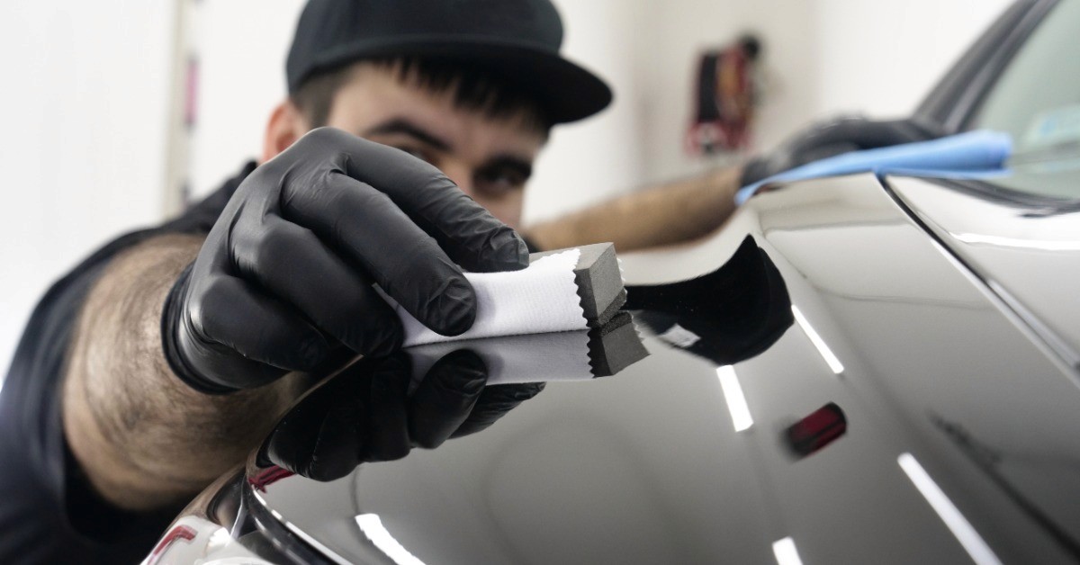 A close-up of a person wearing gloves using a tool to apply a ceramic coating to the hood of a car above the headlight.