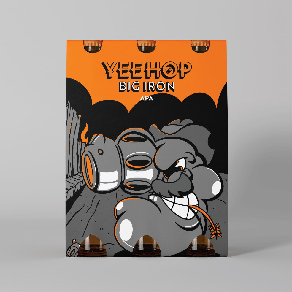 YeeHop Big Iron APA outer packaging for a triple beer pack, featuring  pistol-shaped villain character in a Wild West scene with a town on fire.