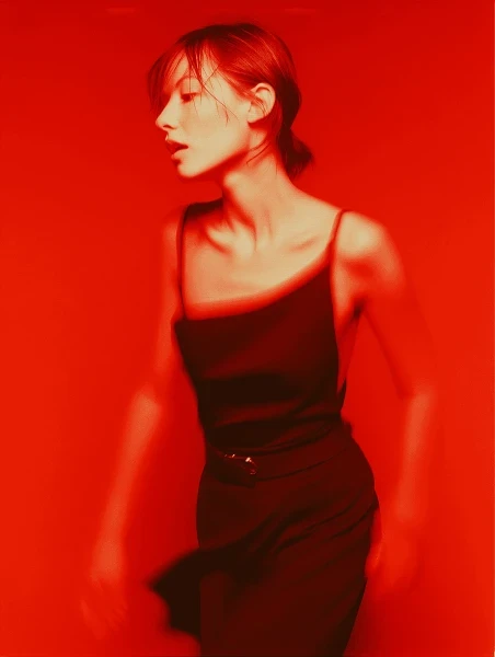 Motion-blurred portrait of a woman in a black dress against a solid red background.