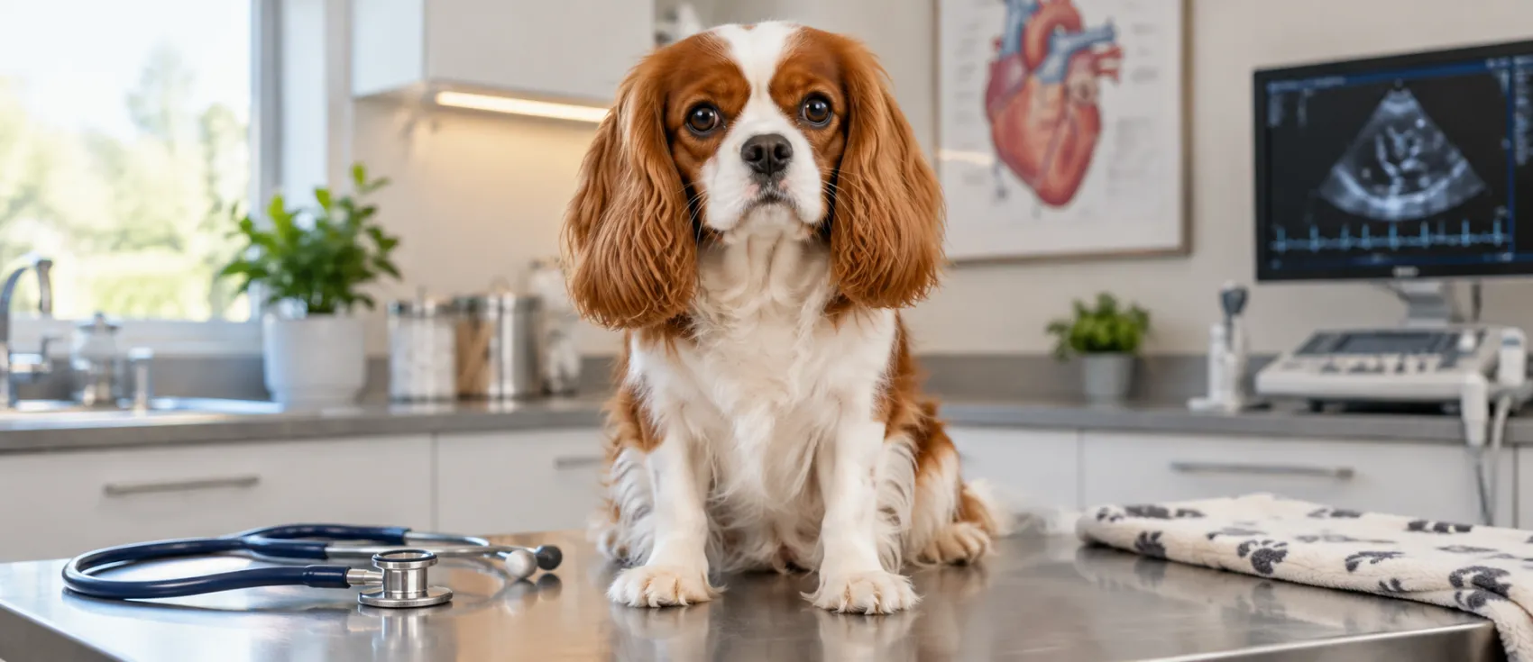 A Cavalier King Charles Spaniel sits on an exam table beside a stethoscope and echocardiogram screen.