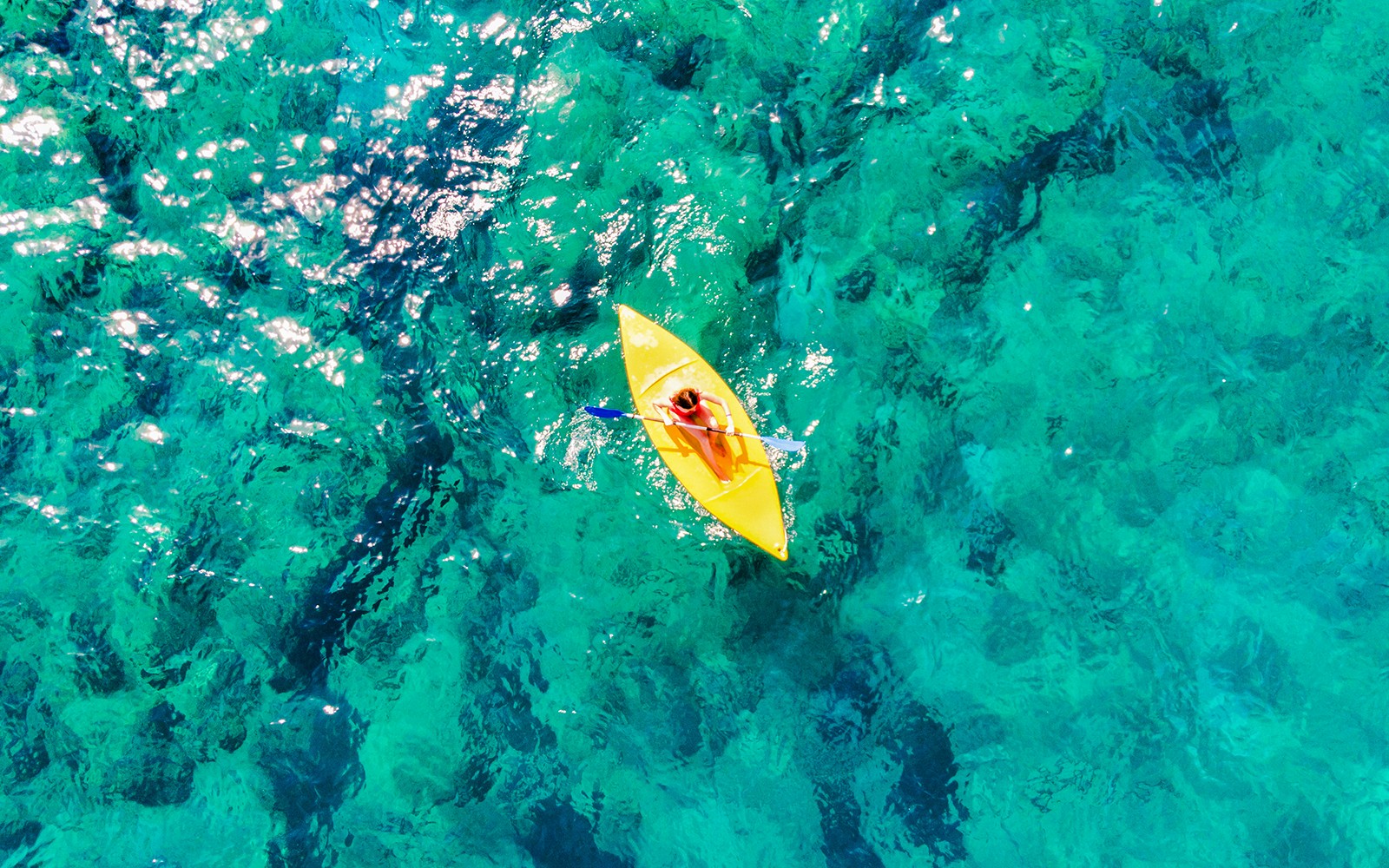 Aerial view of a person kayaking on clear ocean water.