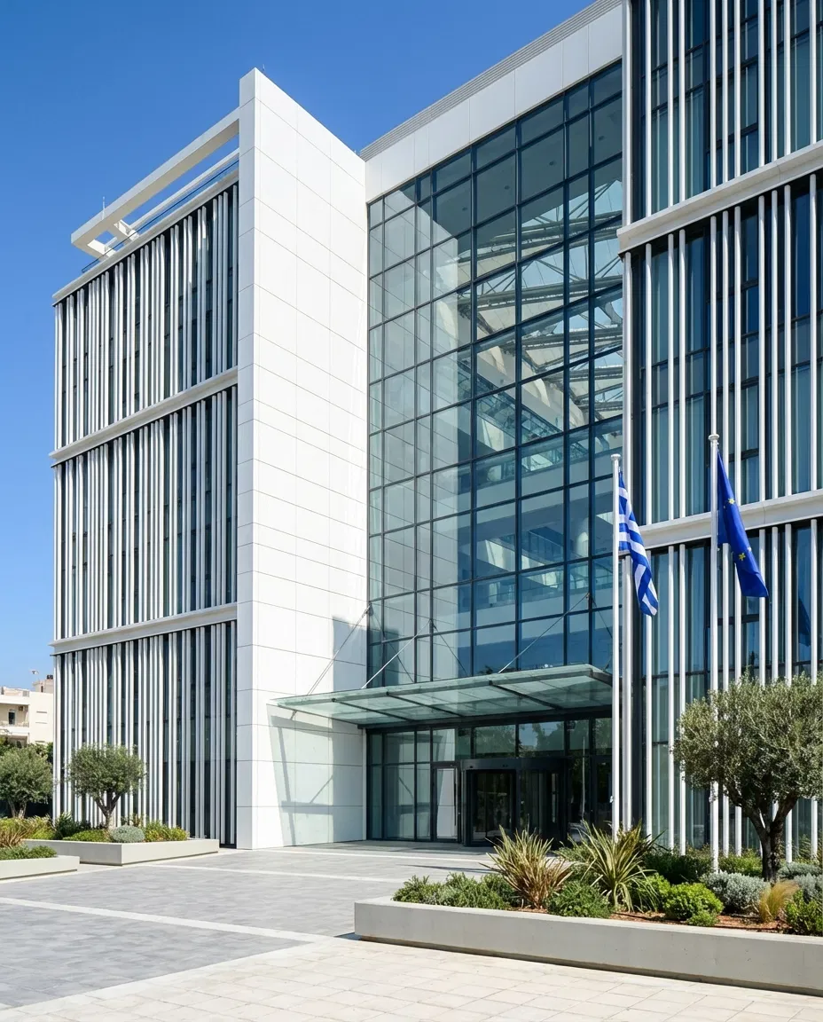 Modern government tax office building in Greece, resembling AADE facilities.