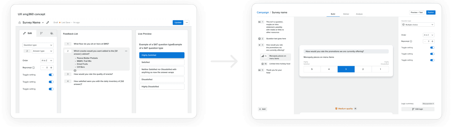 A before and after shot of the survey build page