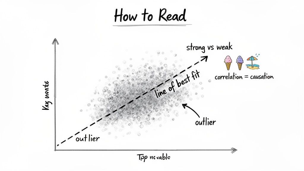 An instructional scatter plot explaining data interpretation, with line of best fit, outliers, and correlation vs. causation.