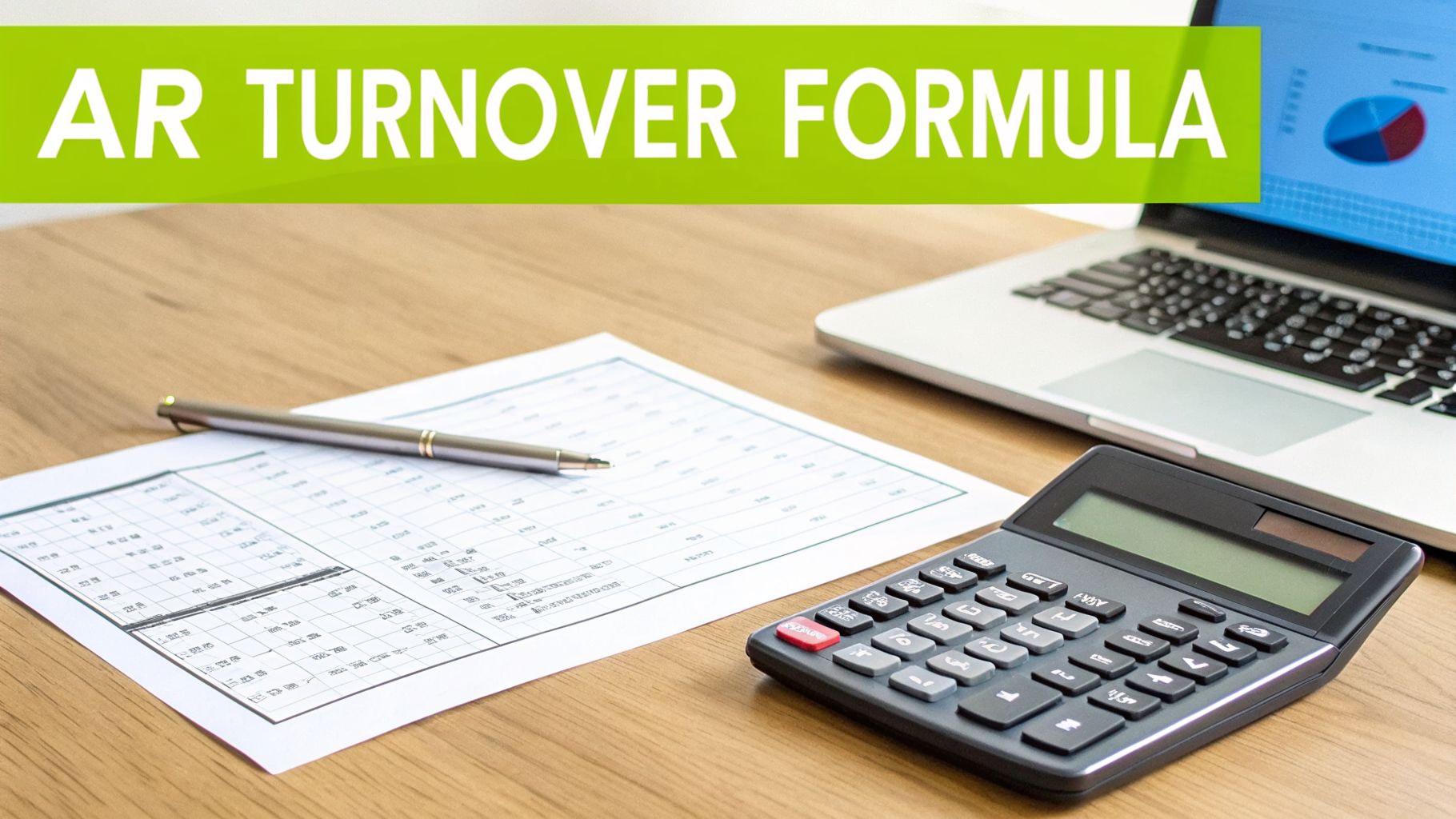 A desk setup with a calculator, pen, laptop, and data sheet, illustrating the AR Turnover Formula.