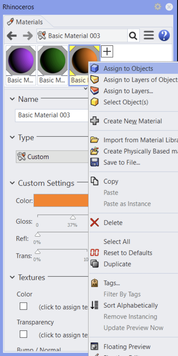 Rhino Material panel showing color, gloss, reflection, transparency, textures, and material assignment options.