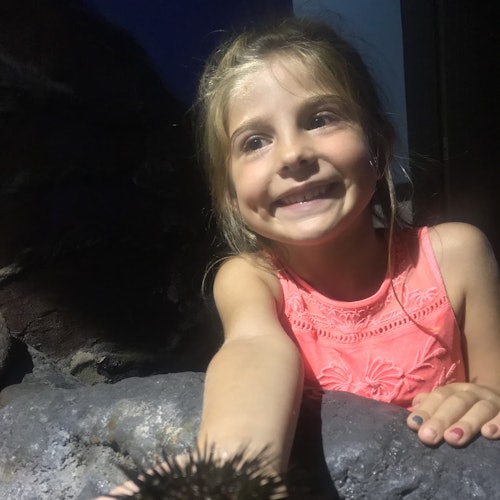 Isang nakangiting batang babae sa suot na kulay rosas na damit ang may hawak na isang sea urchin habang nakatayo sa tabi ng mga bato sa isang medyo madilim na lugar.