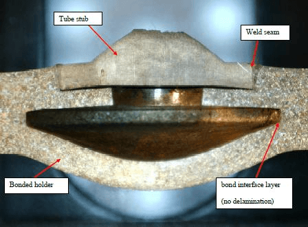 Figure 1: Test sample assembly of a bonded FPB and a tube stub welded with electron beam
