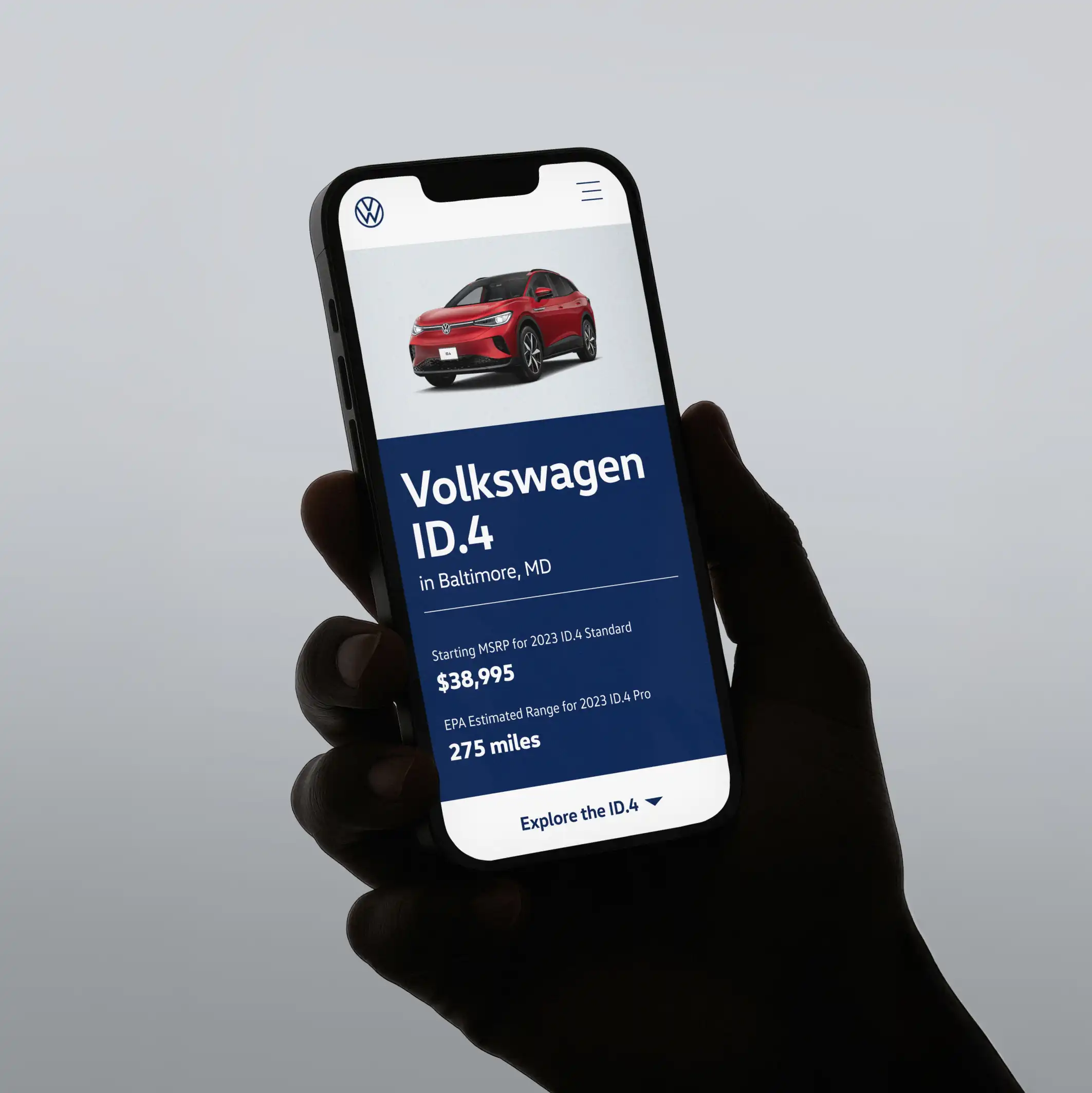 Volkswagen ID.4 mobile UI design displayed on a smartphone. Landing page interface designed for Volkswagen.