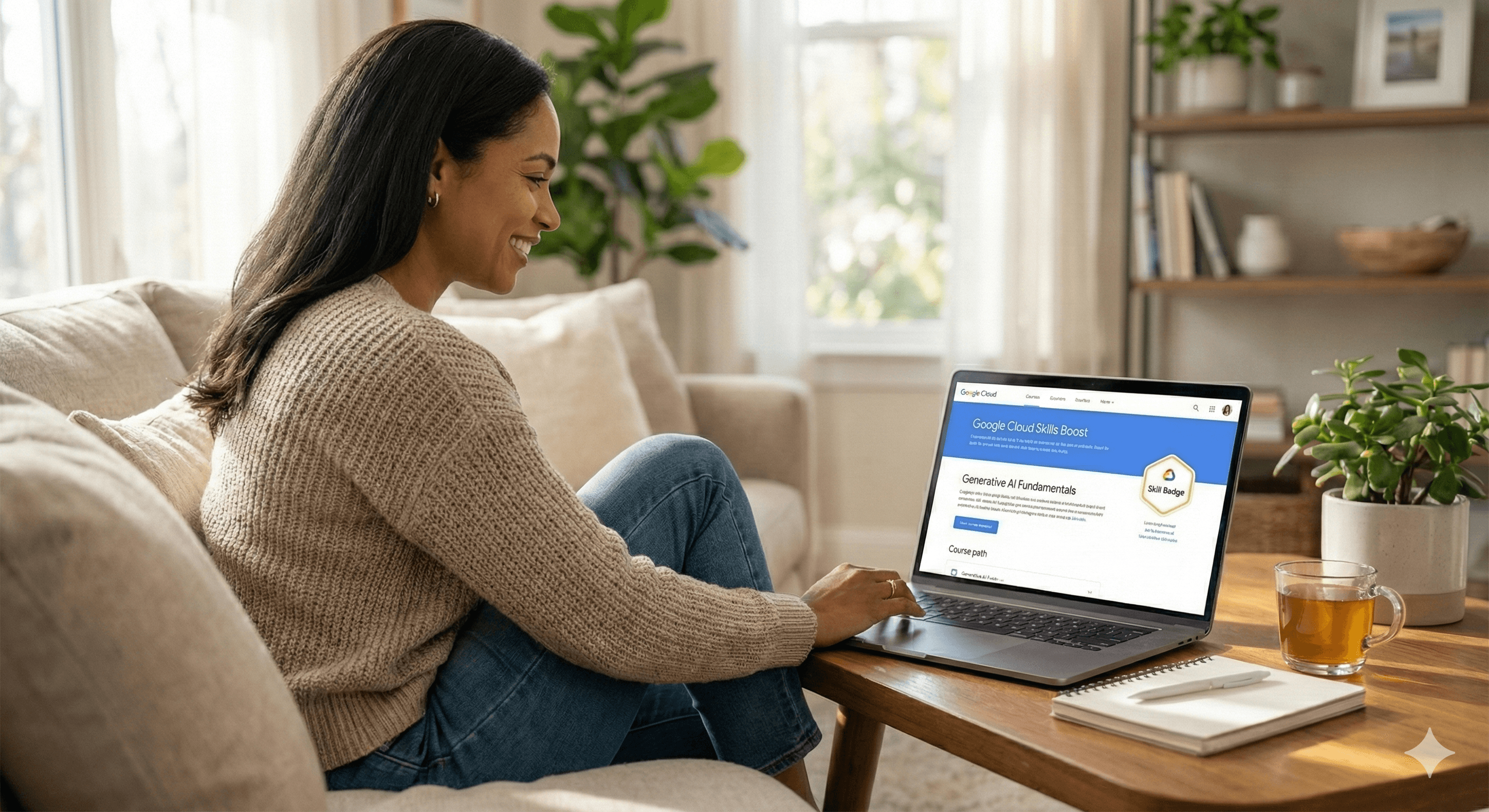 A woman sits on a comfortable beige sofa, using her laptop to explore the "Google Cloud Skills Boost" website, while a notebook and a cup of tea sit on the wooden coffee table beside her in a cozy, well-lit living room.