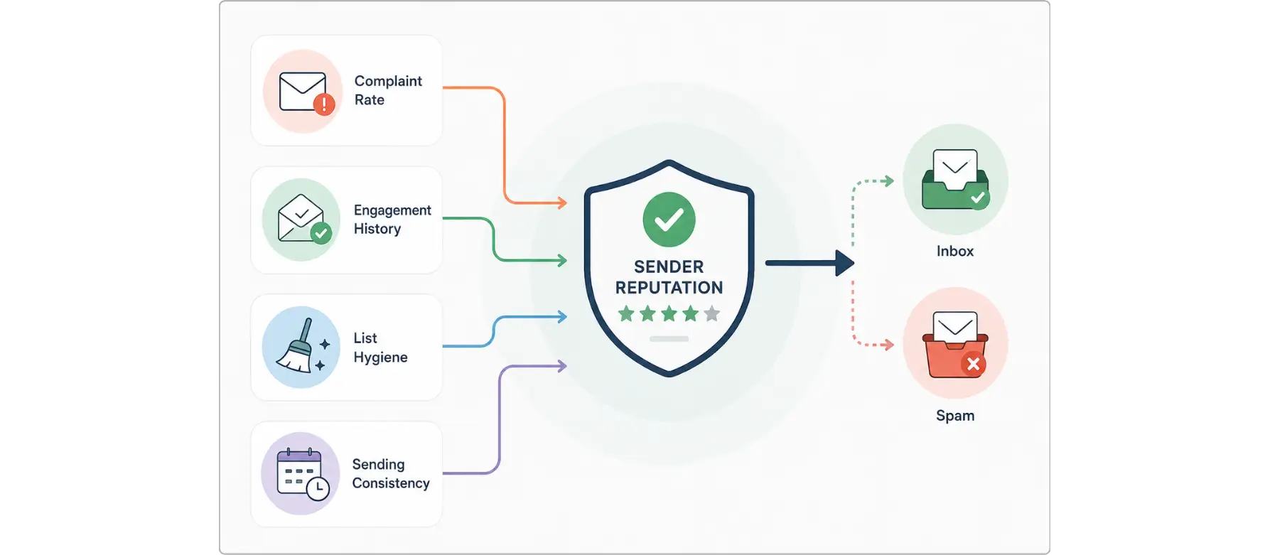 Infographic showing the key factors that influence email sender reputation.