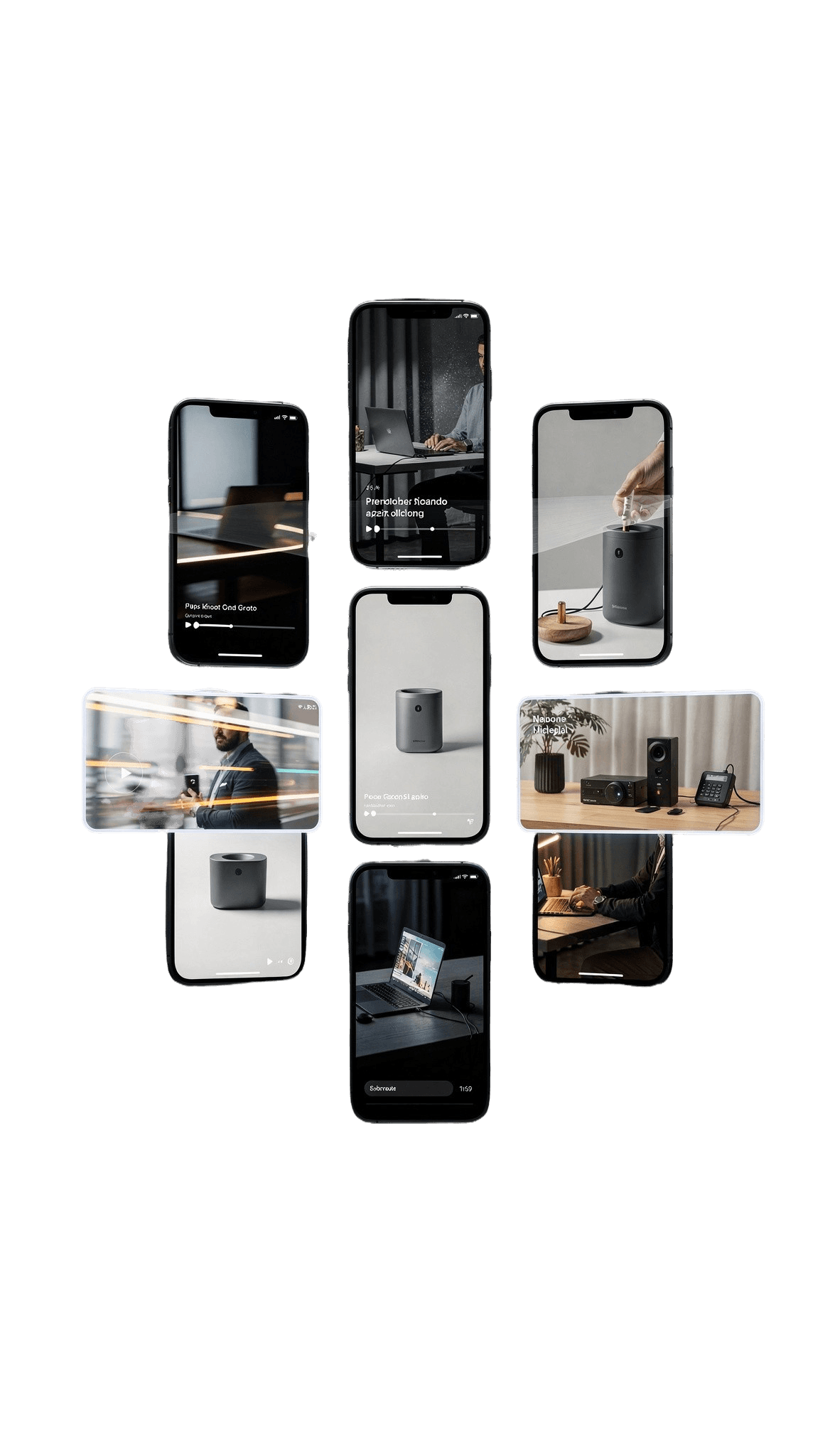 a collage of a few videos and smartphones showing different technical products