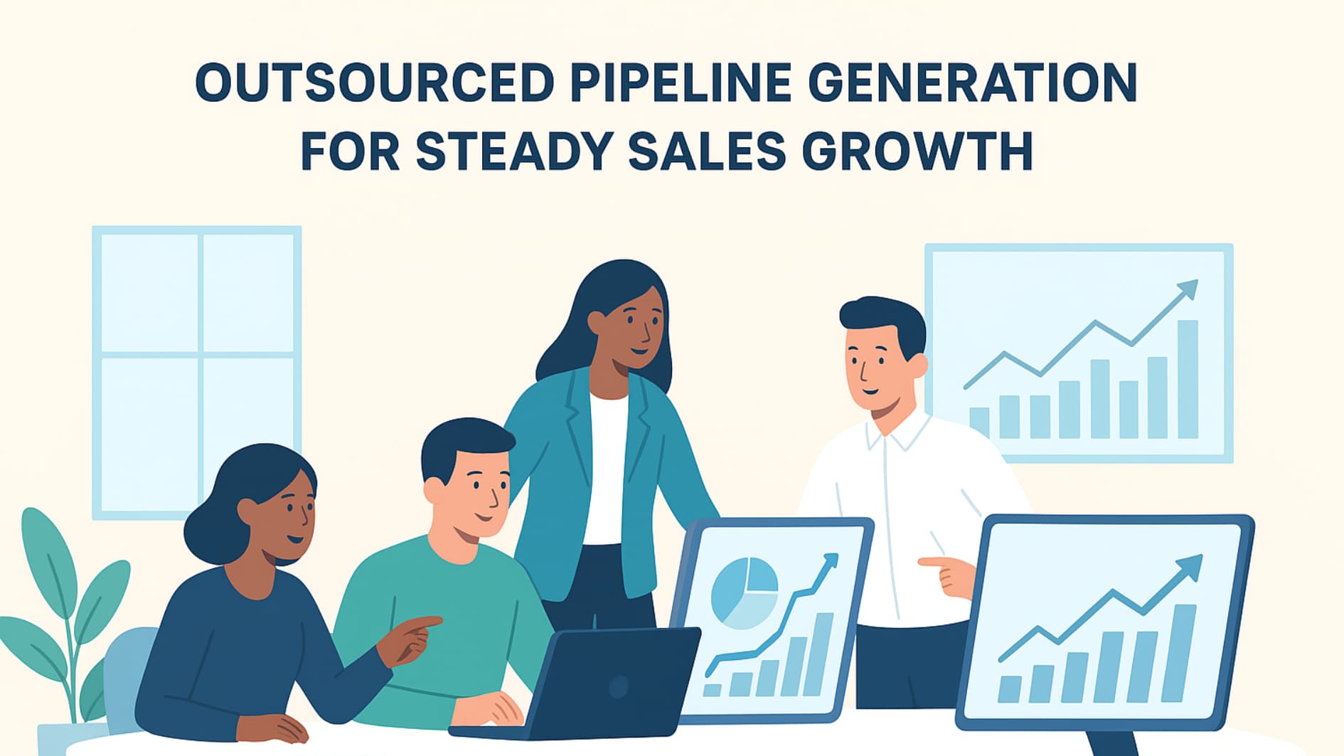 Illustration of outsourced pipeline generation driving steady sales growth in a modern office.