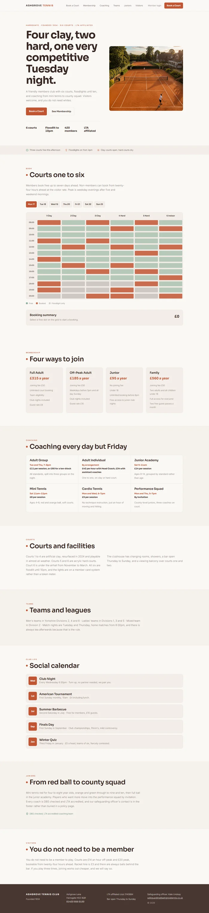 Full tennis club website design: clay court hero, court booking, membership, coaching, social calendar