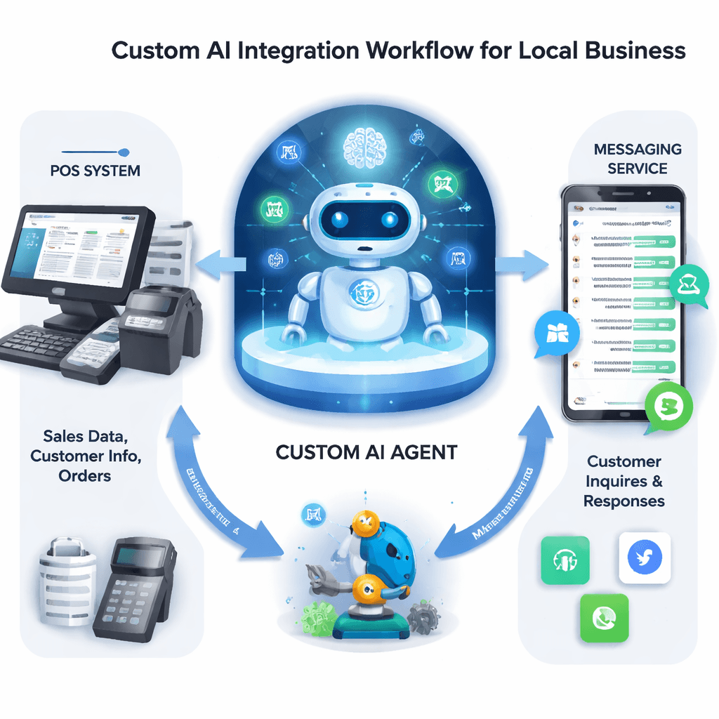 A realistic diagram of a workflow where a custom AI agent sits between a POS system and a messaging service, Alt: custom AI integration workflow for local business