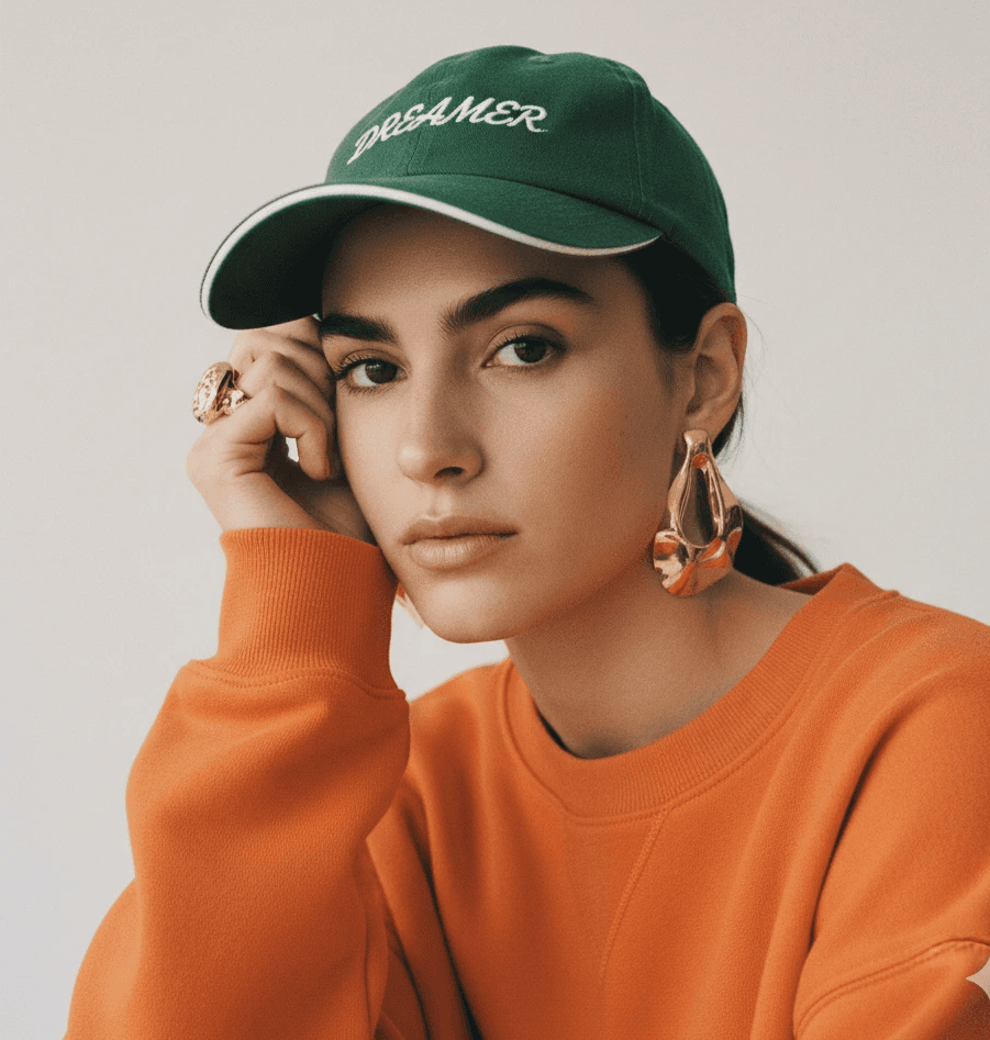 Woman in green cap and orange shirt