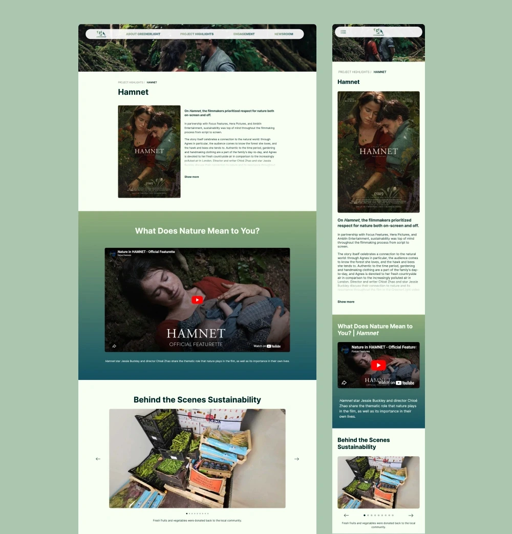 Responsive layout of the 'Hamnet' project details page, including an introduction section, embedded video and behind the scenes image gallery.