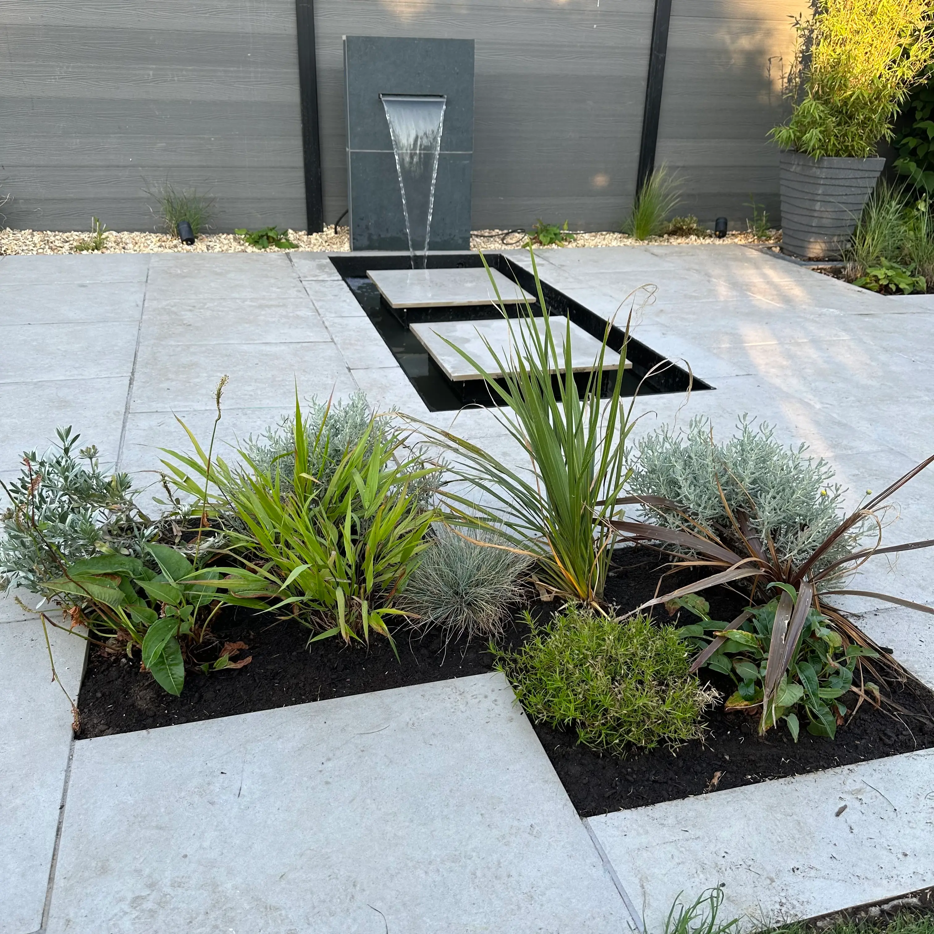 A modern garden with a geometric layout, featuring lush green plants surrounded by concrete slabs.