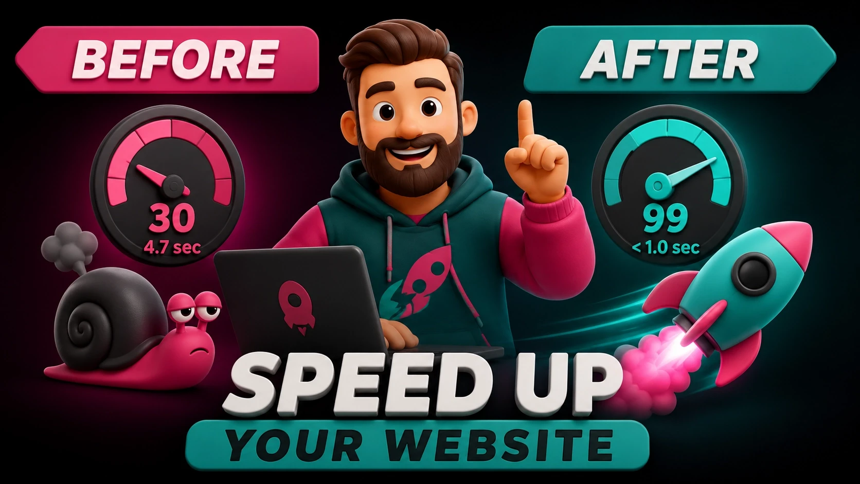 A cartoon illustration shows a happy man with a laptop, emphasizing website speed improvement with a "before" section showing a sluggish snail and 30 score, and an "after" section displaying a rocket and 99 score, highlighting enhanced performance.